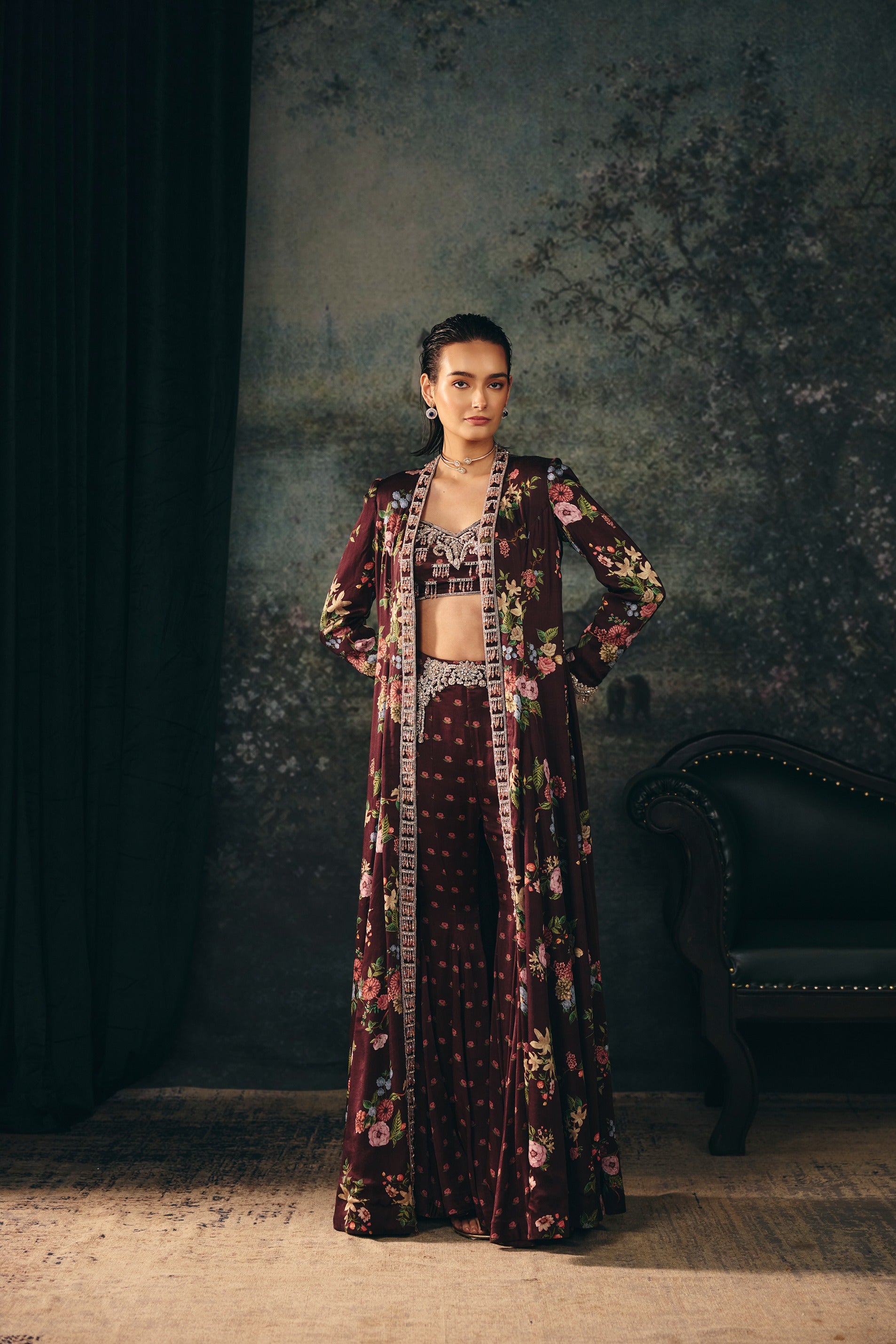 ELARIS: Dark Maroon Jacket With Bustier & Palazzo