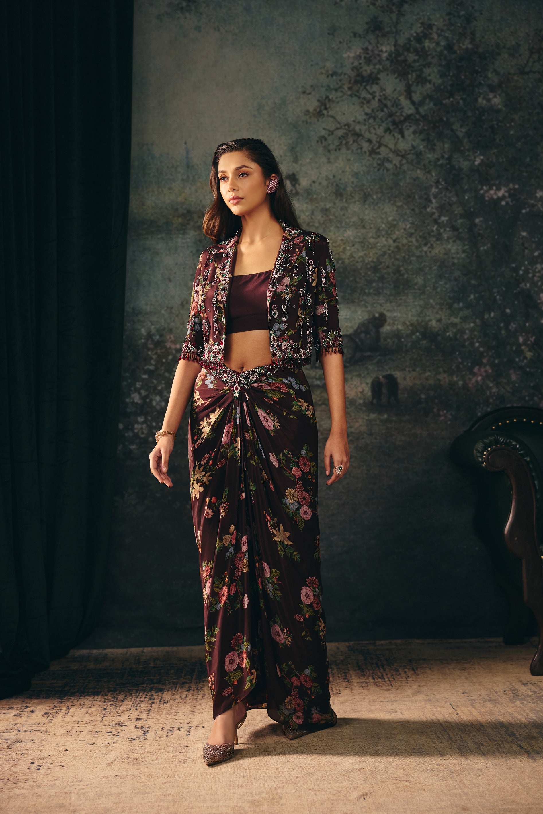 OPHELIA: Deep Maroon Short Jacket & Drape Skirt