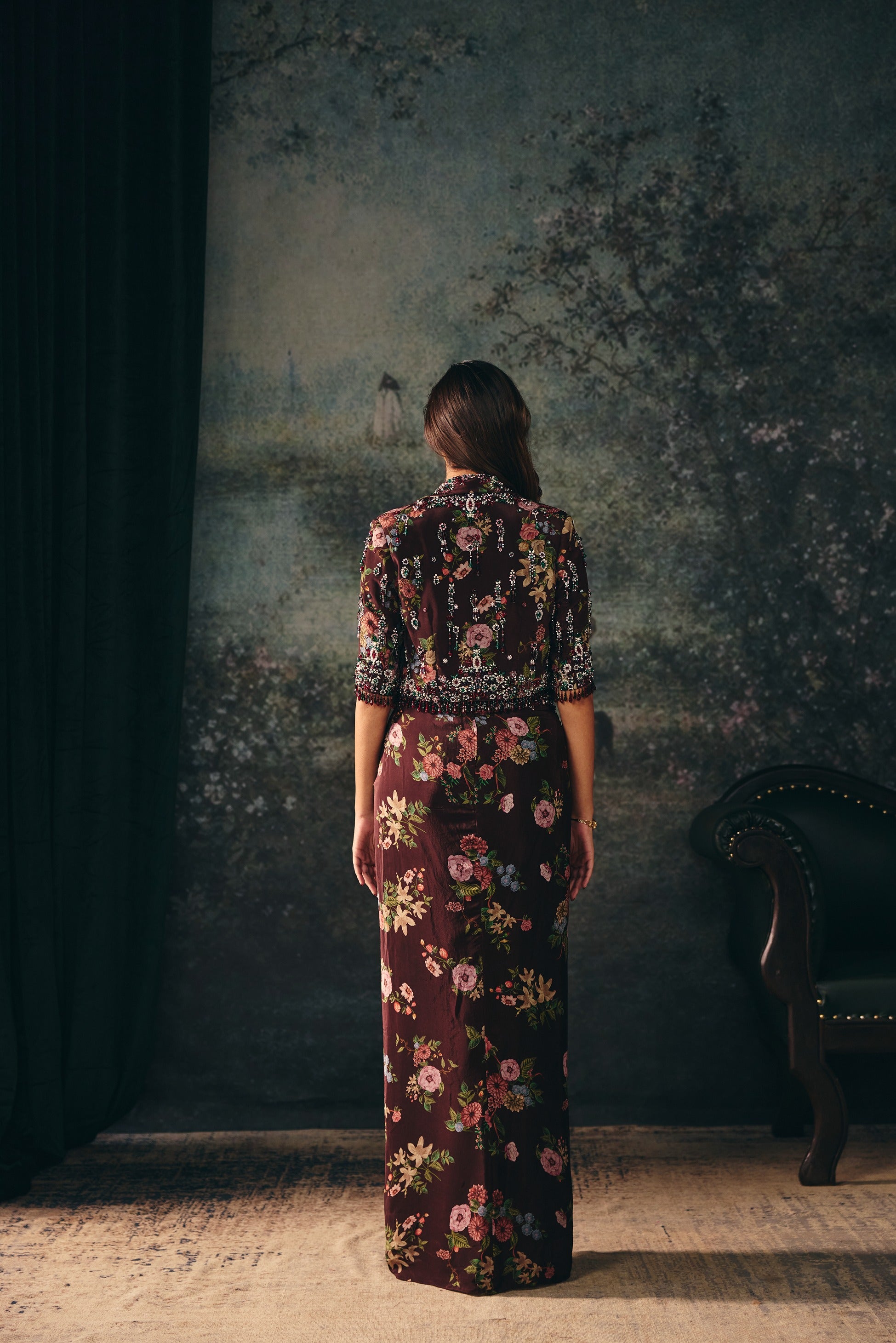 OPHELIA: Deep Maroon Short Jacket & Drape Skirt