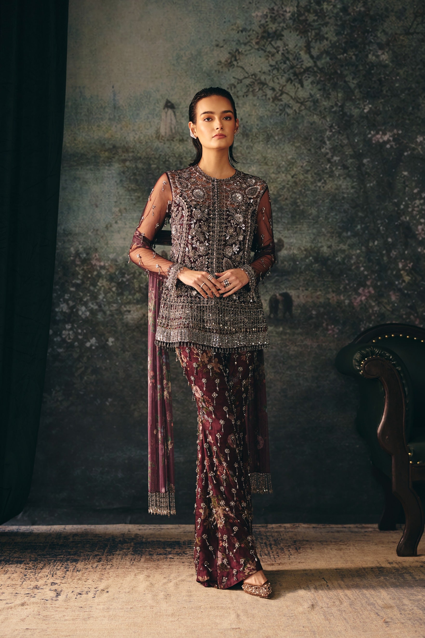 MALINE: Vintage Vine Embroidered Jacket, Inner Slip & Sharara Set