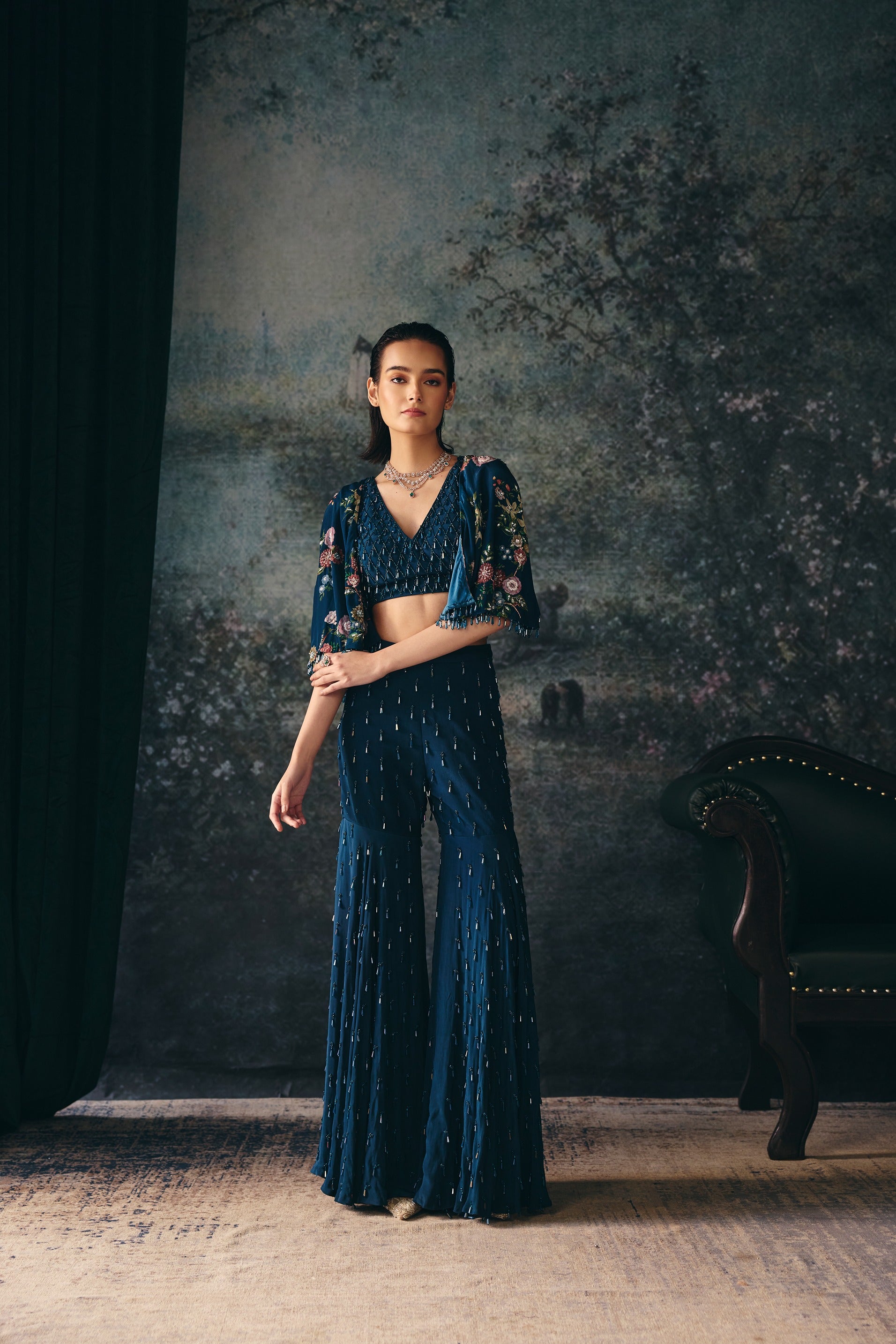 ELYSIA: Teal Printed Cape, Blouse & Gharara