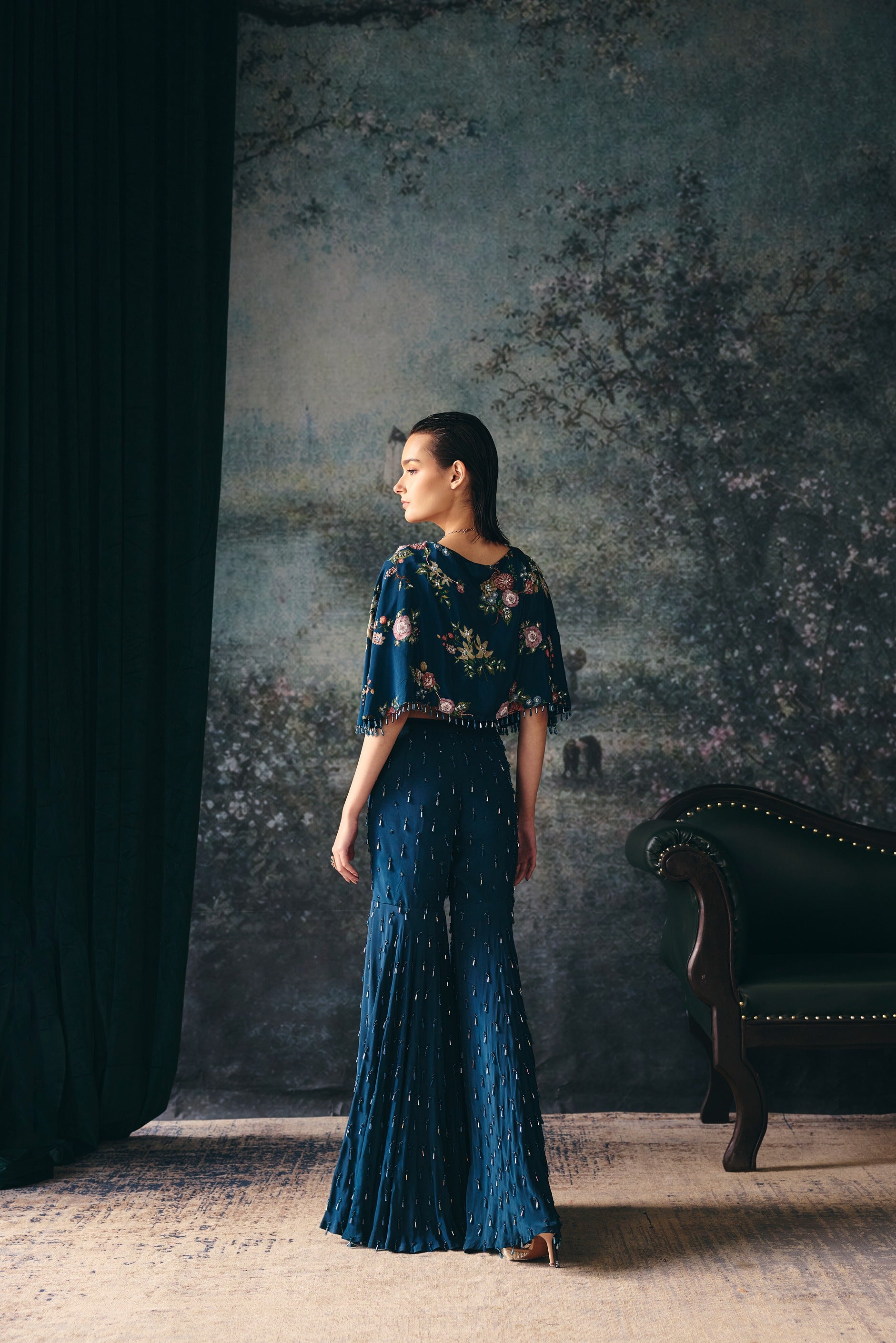 ELYSIA: Teal Printed Cape, Blouse & Gharara