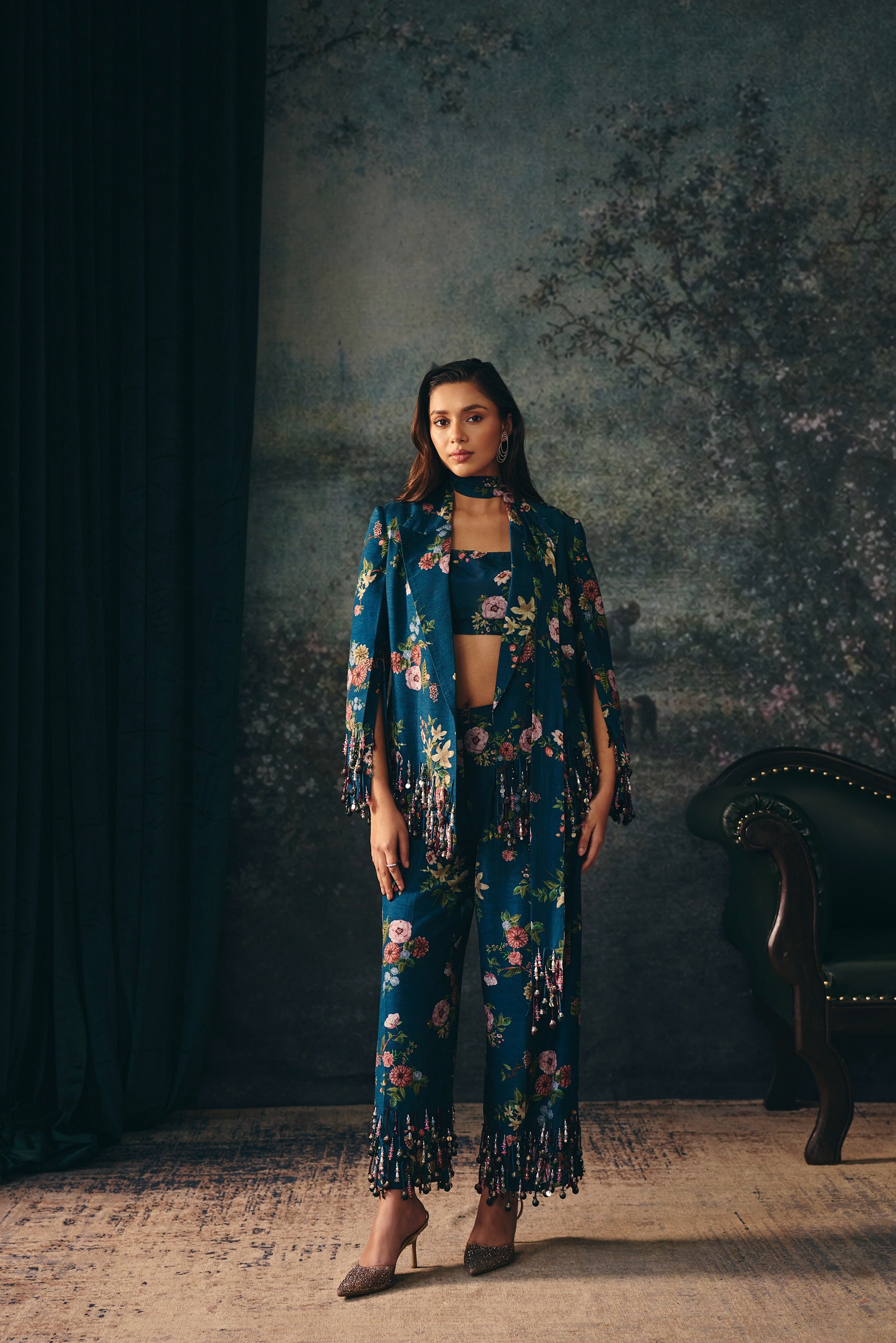 SELENE: Teal Blazer & Pant With Tassels