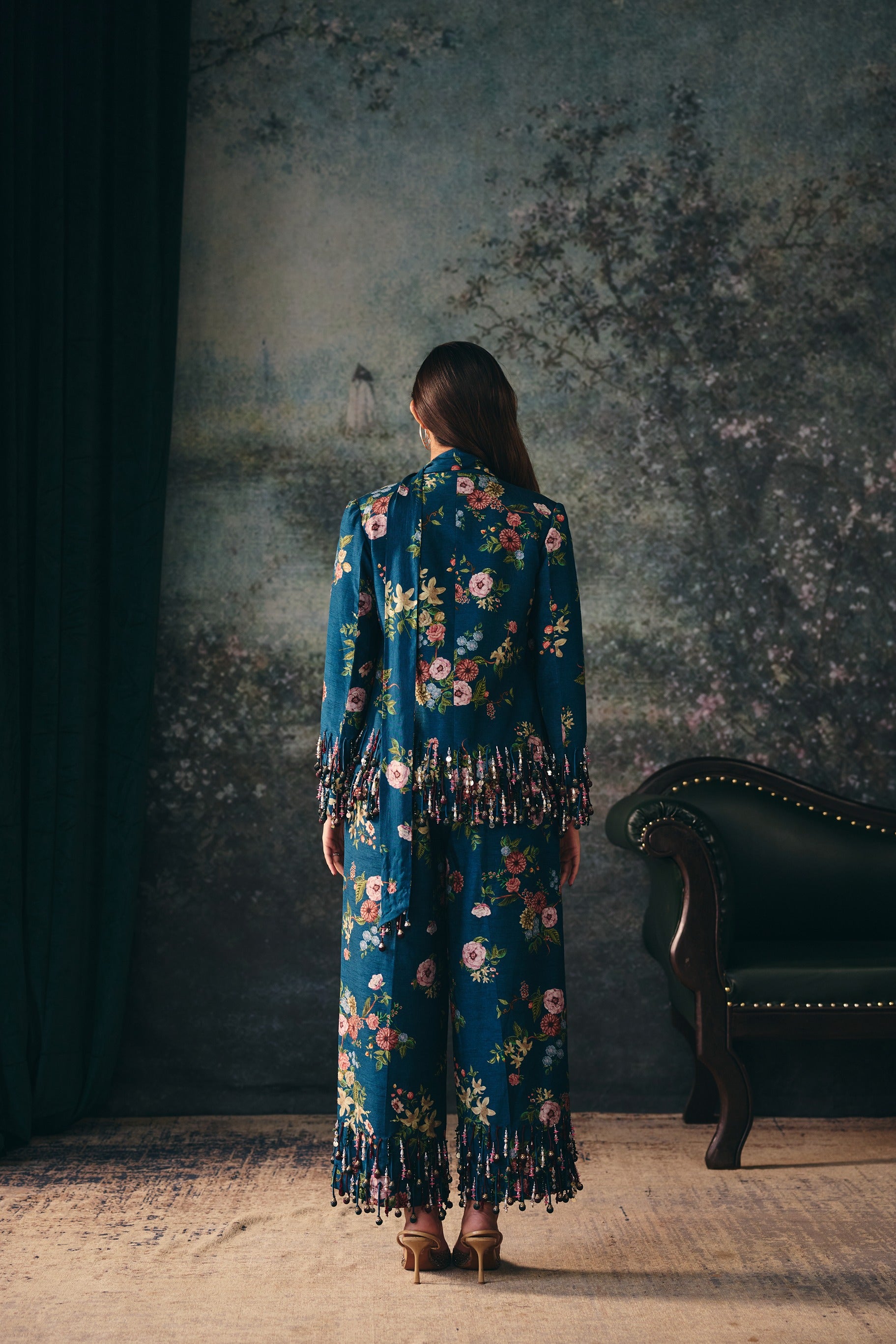 SELENE: Teal Blazer & Pant With Tassels