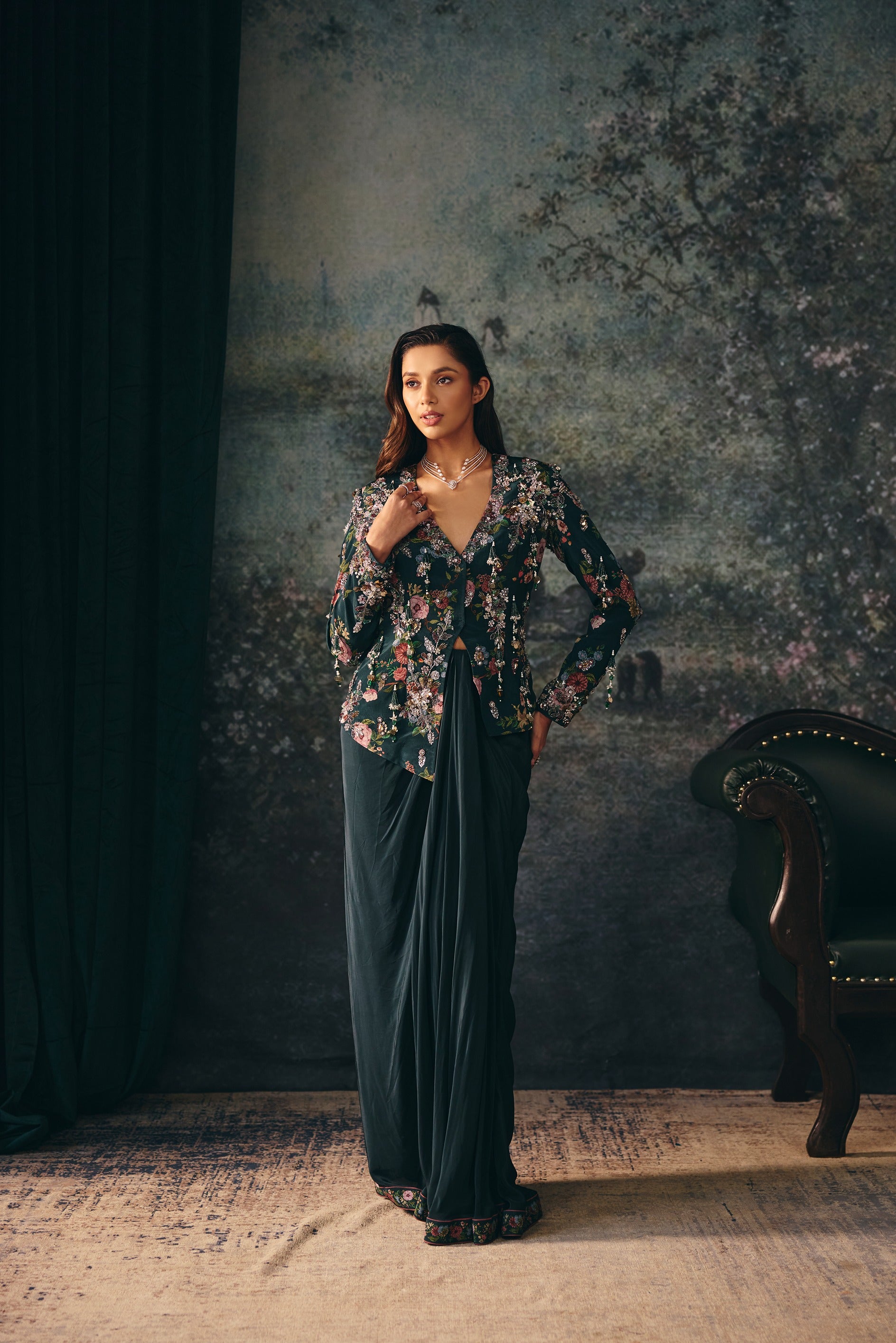 VELORIA: Embroidered Dark Green Jacket & Drape Skirt