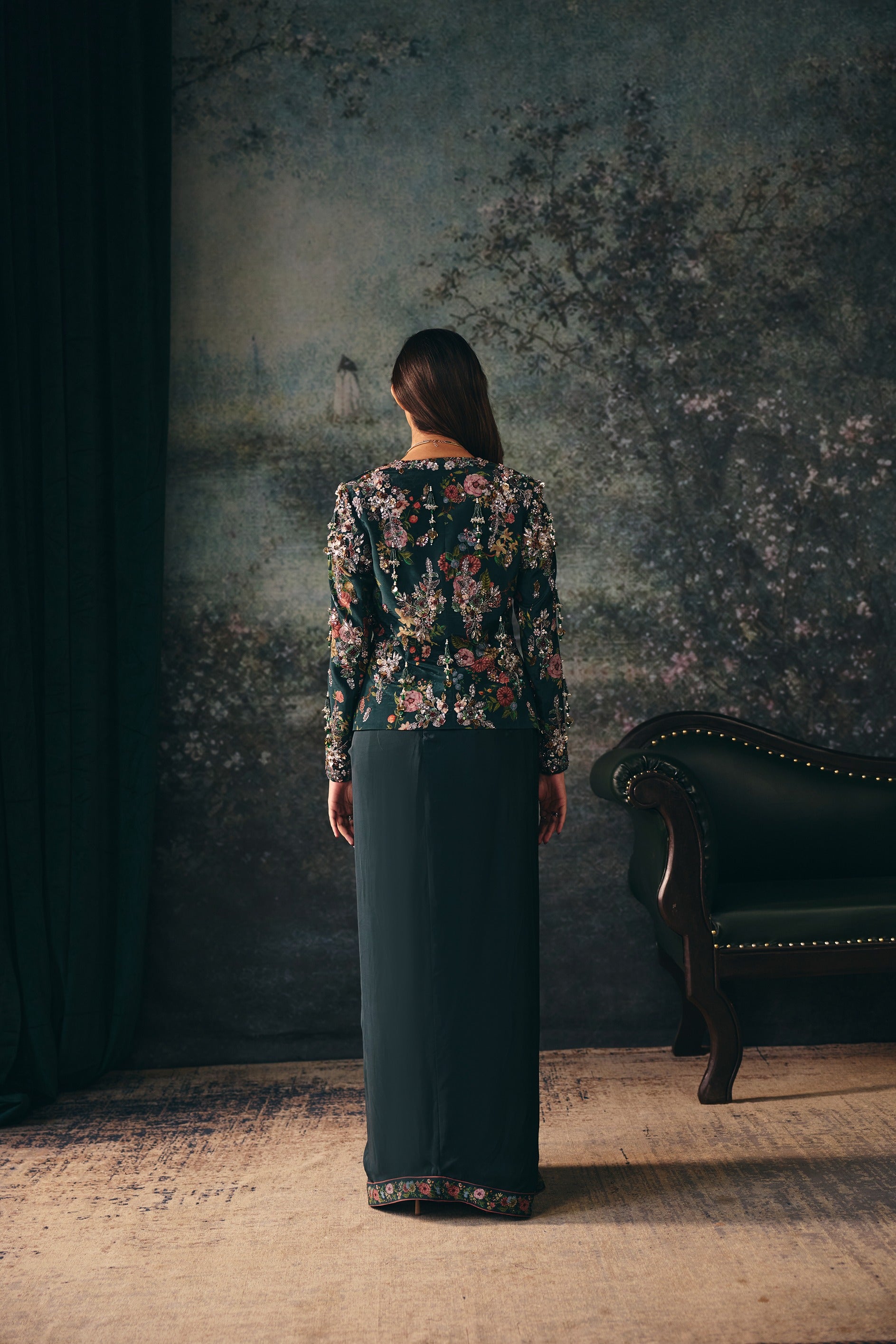 VELORIA: Embroidered Dark Green Jacket & Drape Skirt