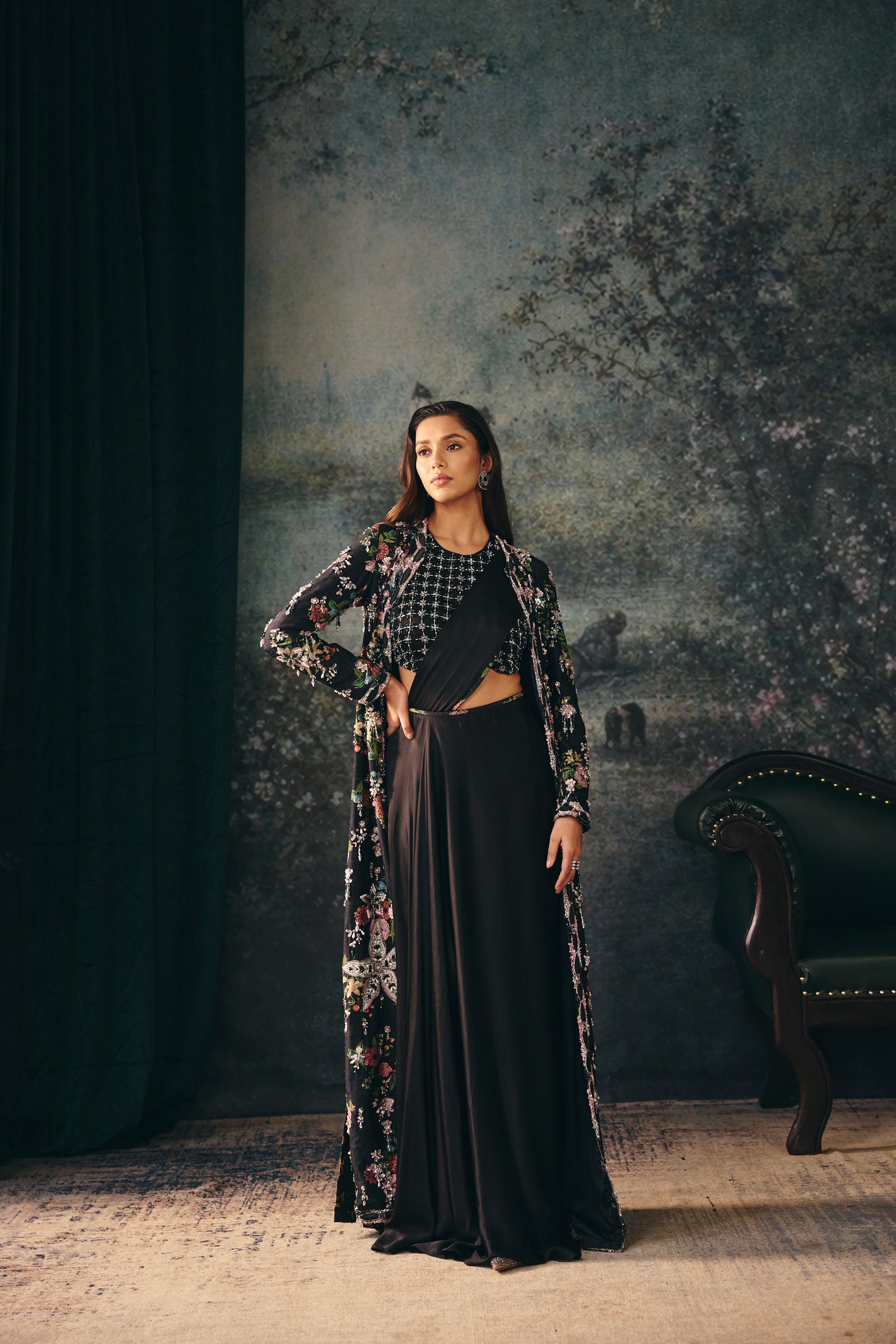 ANNELIESE: Black Jacket, Embroidered Blouse & Drape Saree