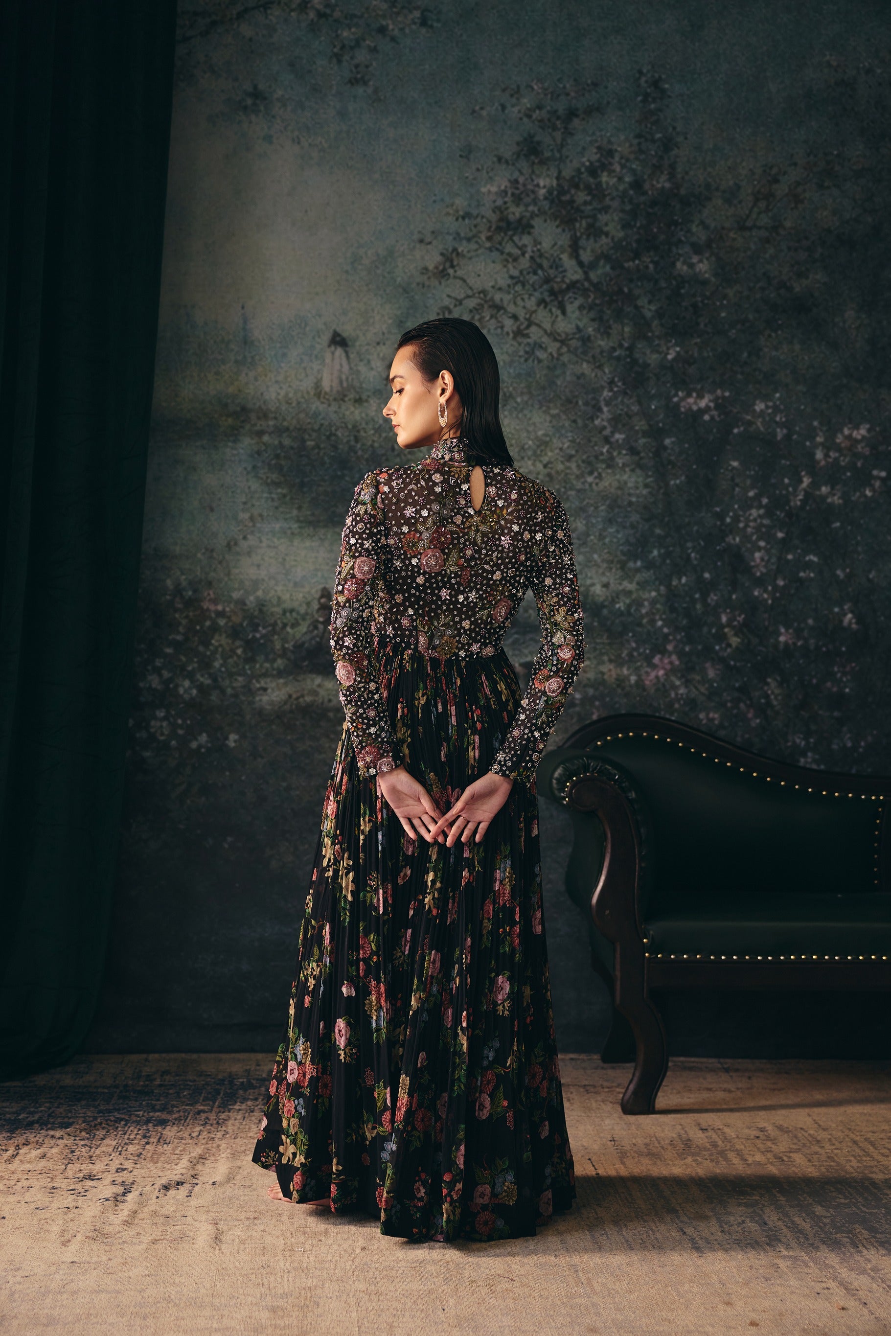 GLACIA: Black Printed Embroidered Yoke Anarkali