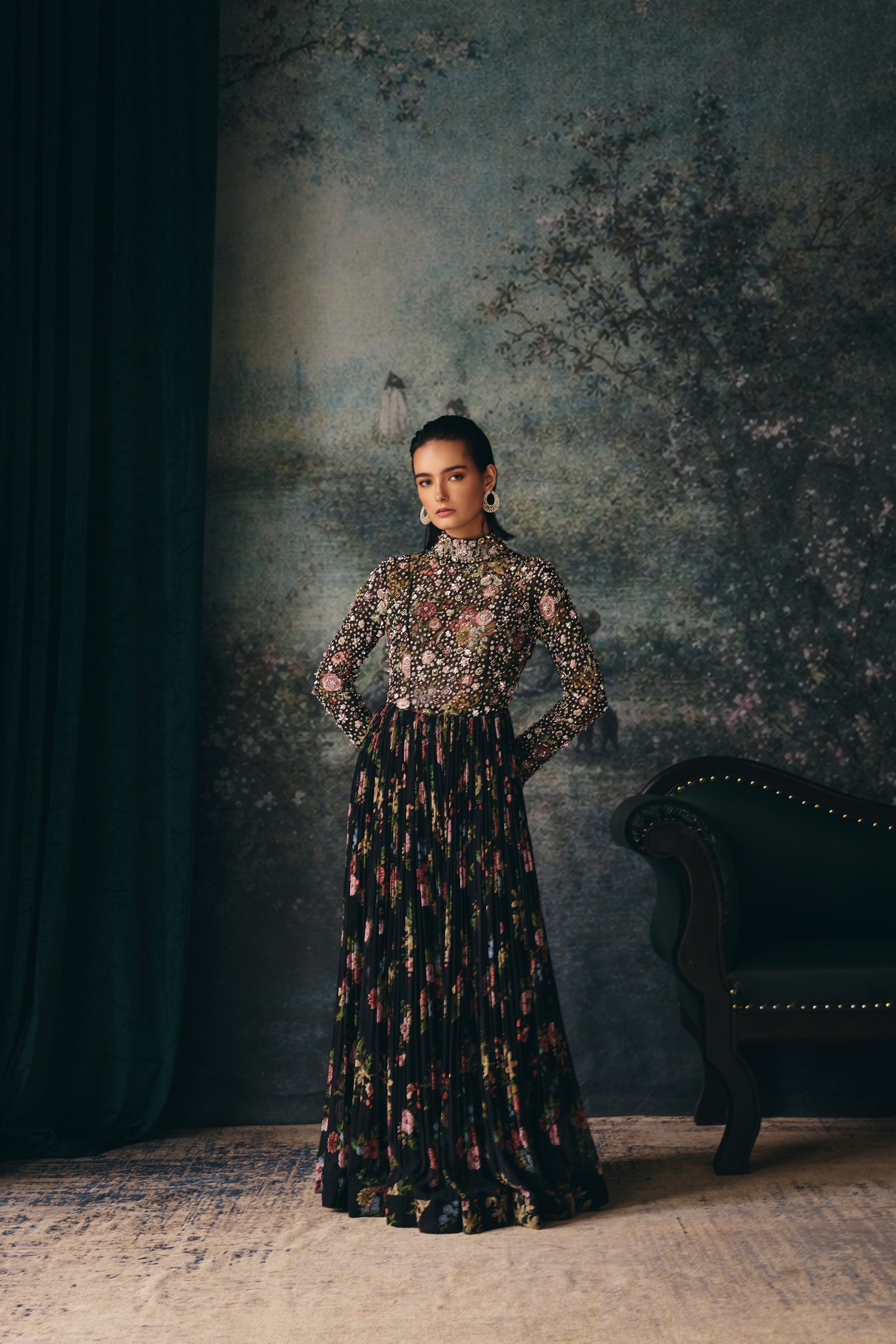 GLACIA: Black Printed Embroidered Yoke Anarkali