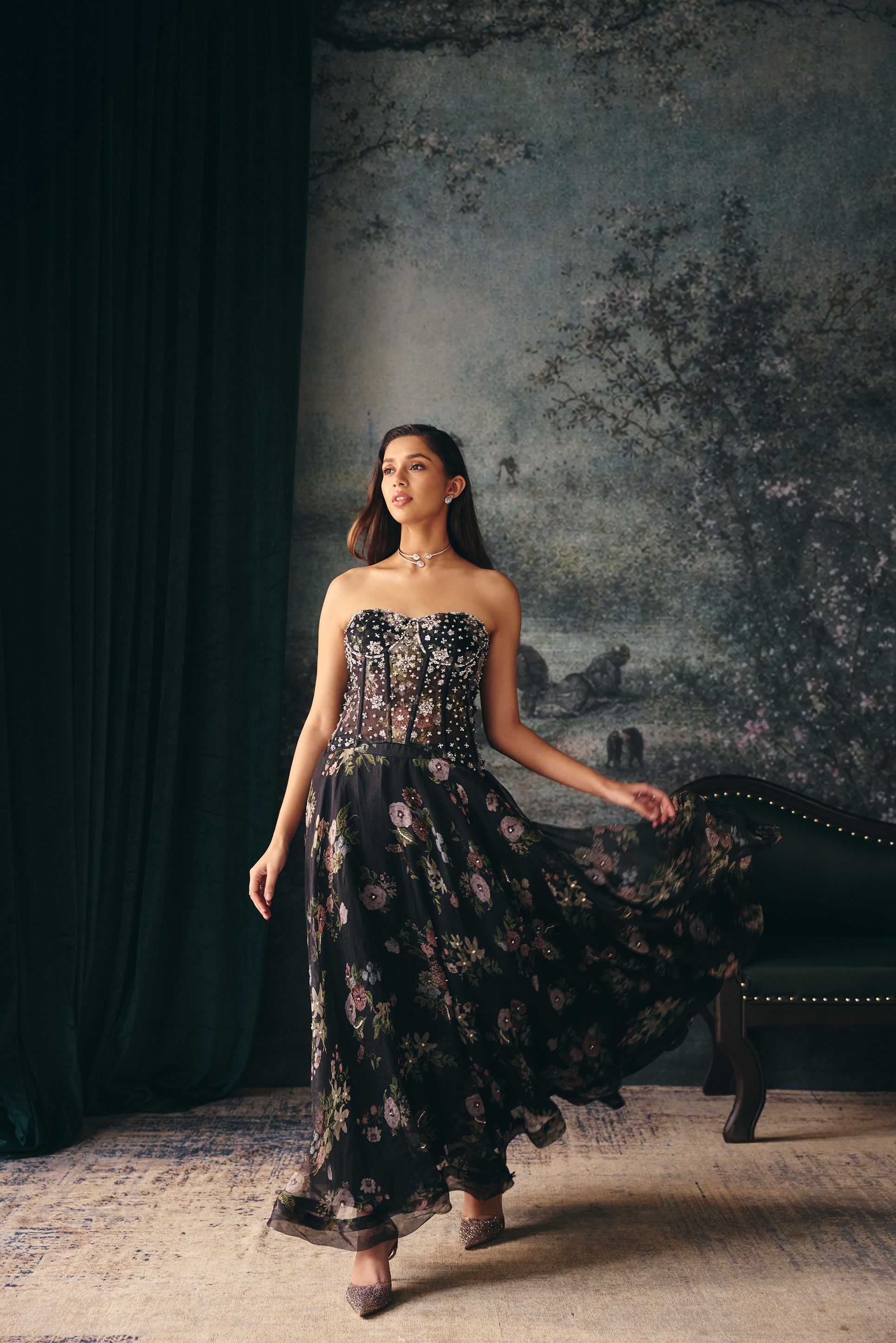 ELARA: Black Corset & Midi Skirt