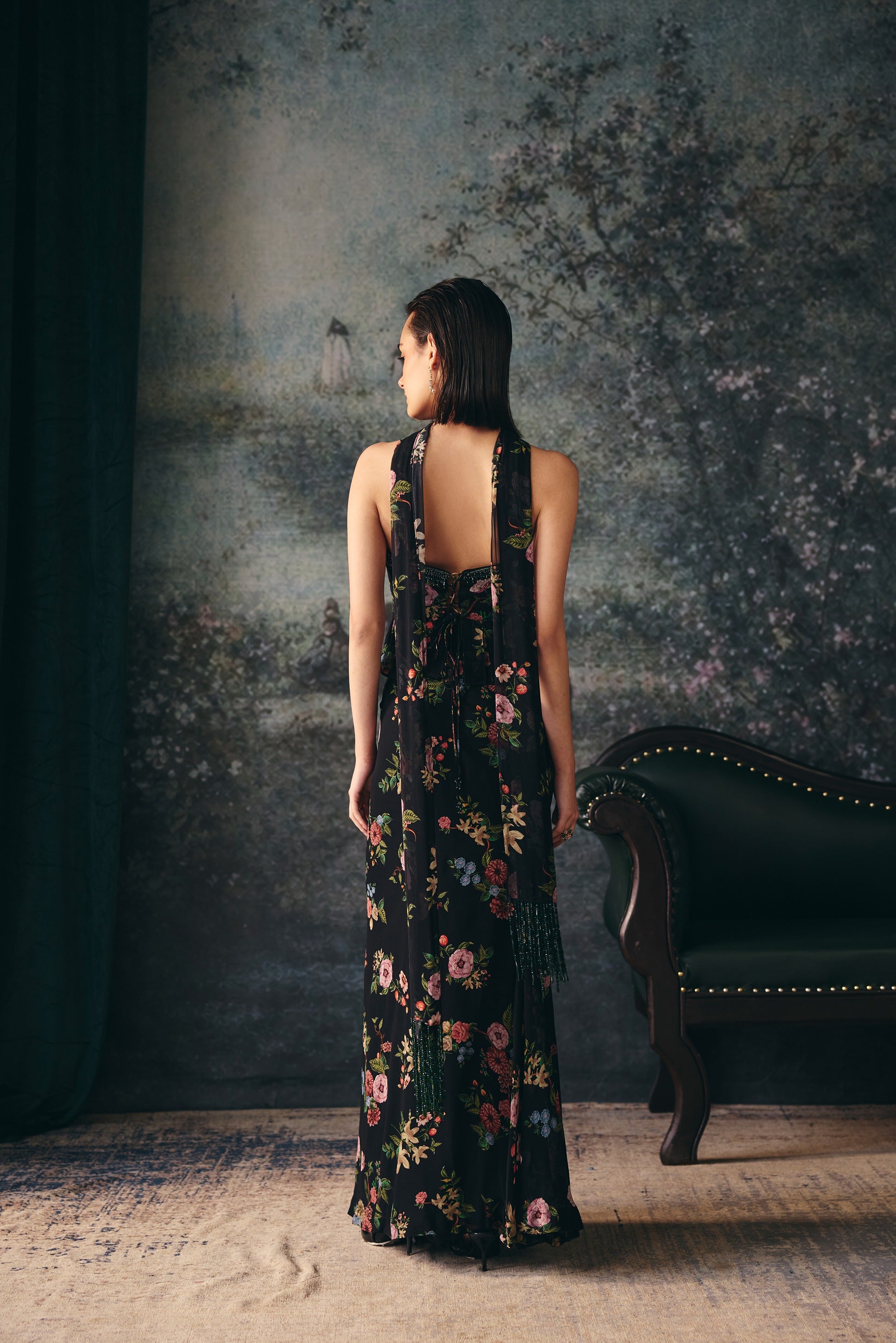 MIRABEL: Black Corset & Drape Skirt With Stole