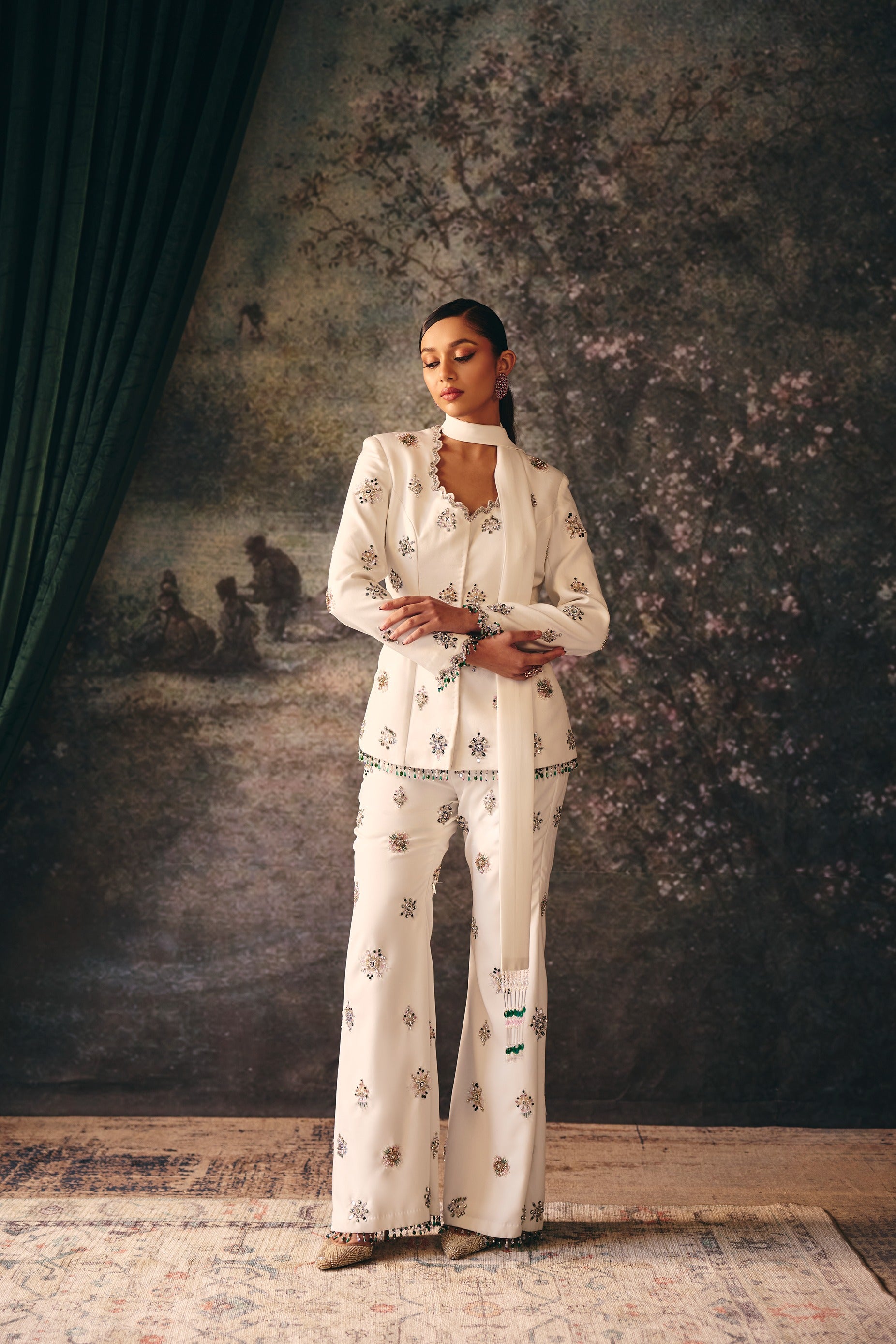 NYSSA: Snow White Jacket & Palazzo Set With Stole