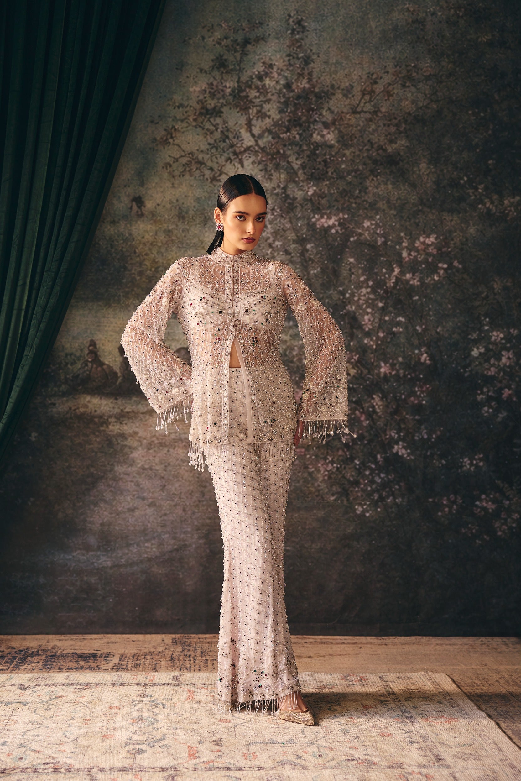 EIRA: Snow White Embroidered Jacket, Bustier & Sharara Set