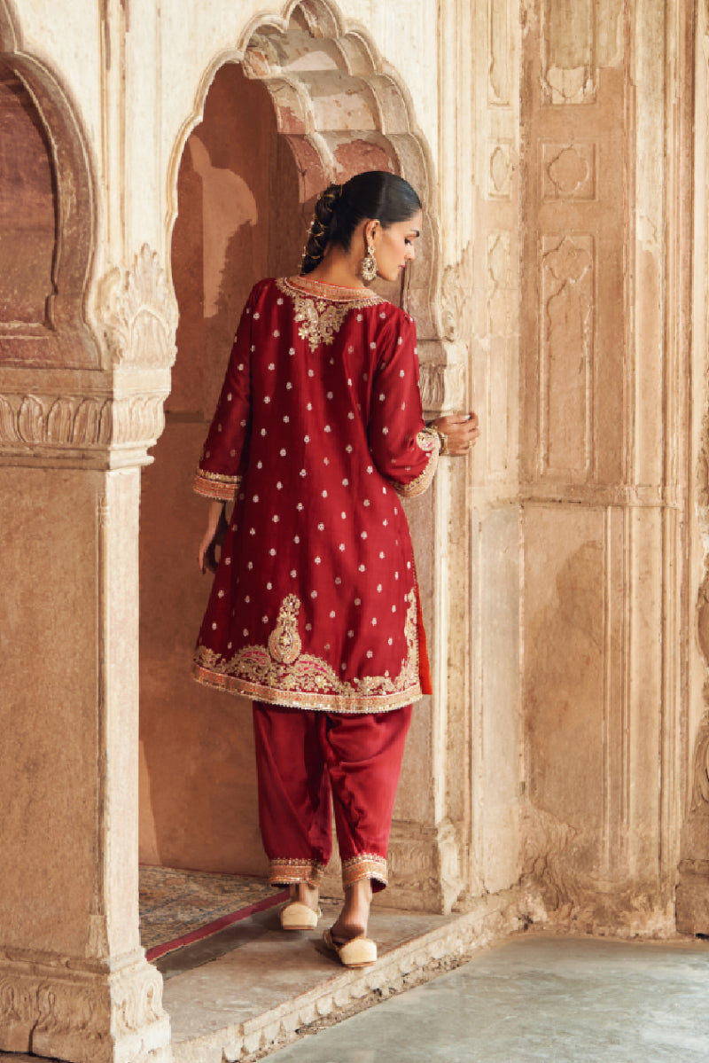 MEHWISH - DEEP RED SHORT KURTA WITH SALWAR AND DUPATTA