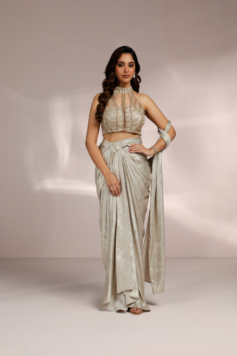 Metallic Golden  Drape Saree And Latkan Blouse Set