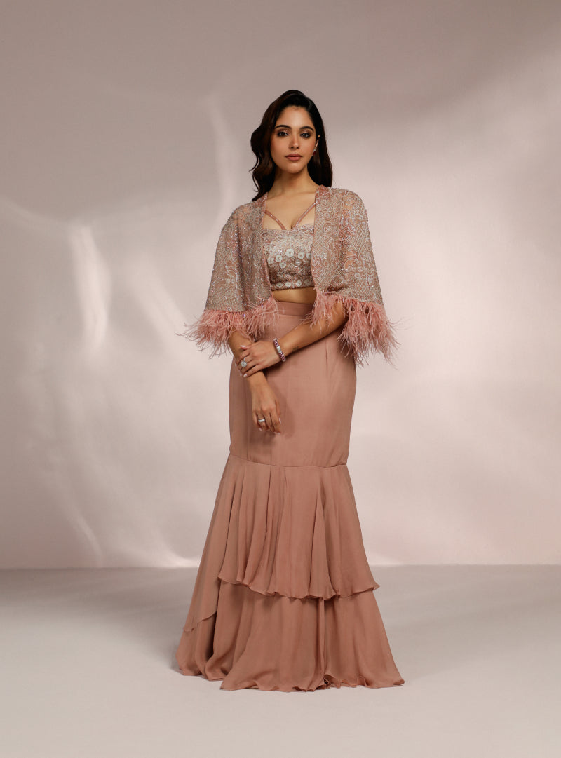 Dusky Pink Fishcut Skirt With Blouse And Short Cape