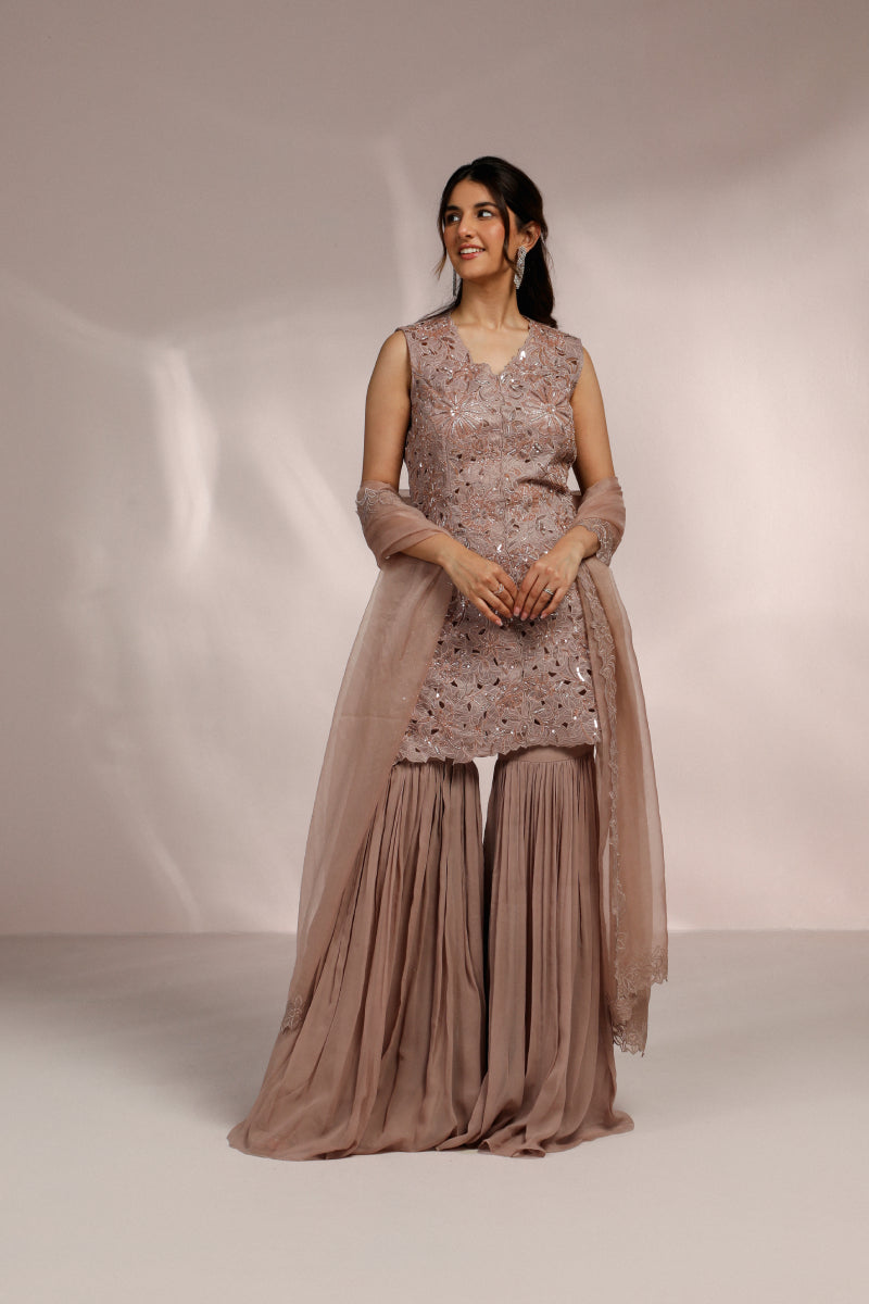 Champagne Cutwork Kurta With Gharara And Dupatta Set