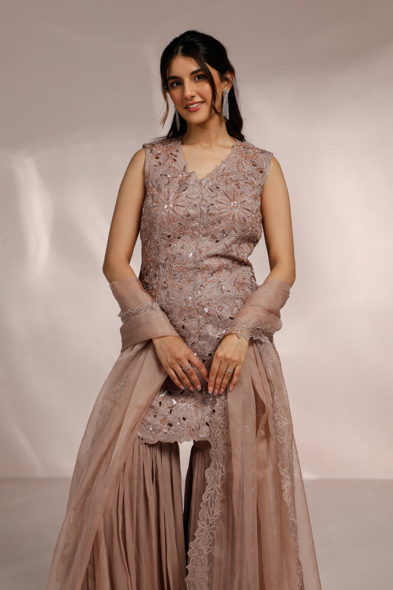 Champagne Cutwork Kurta With Gharara And Dupatta Set