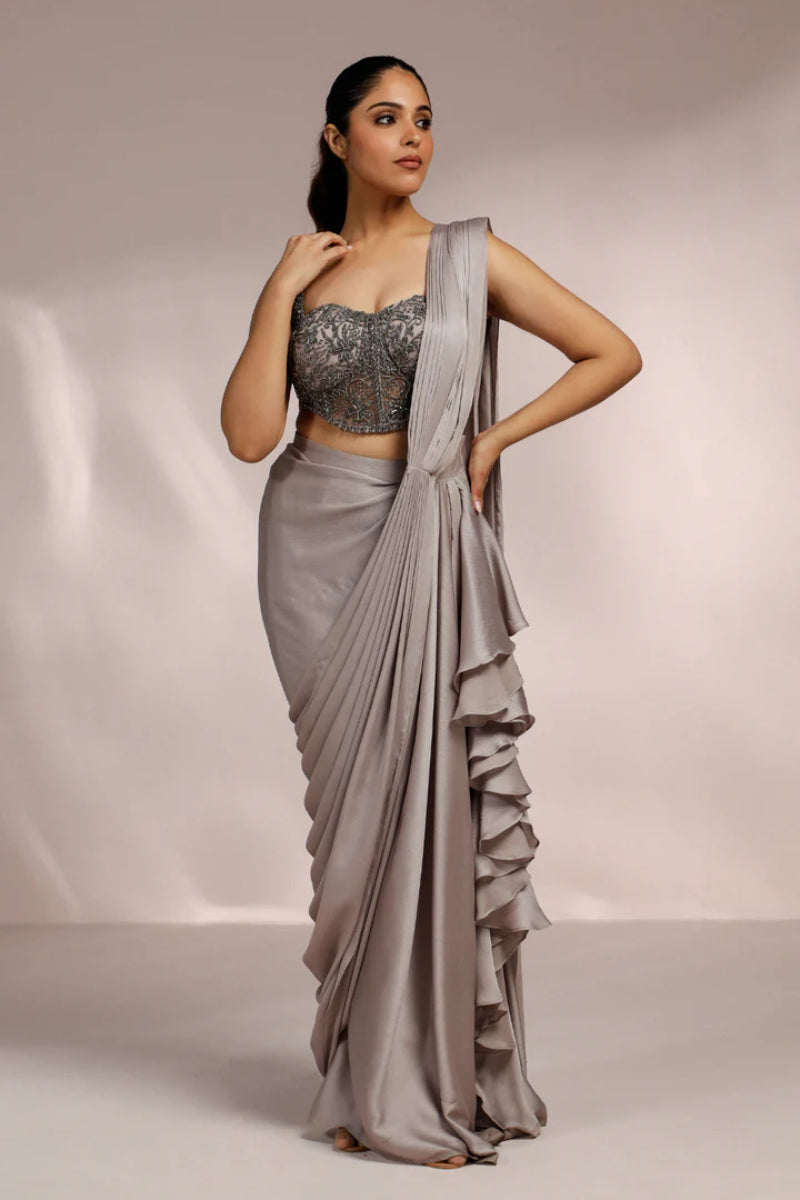 Metal Grey Draped Saree With Corset Blouse