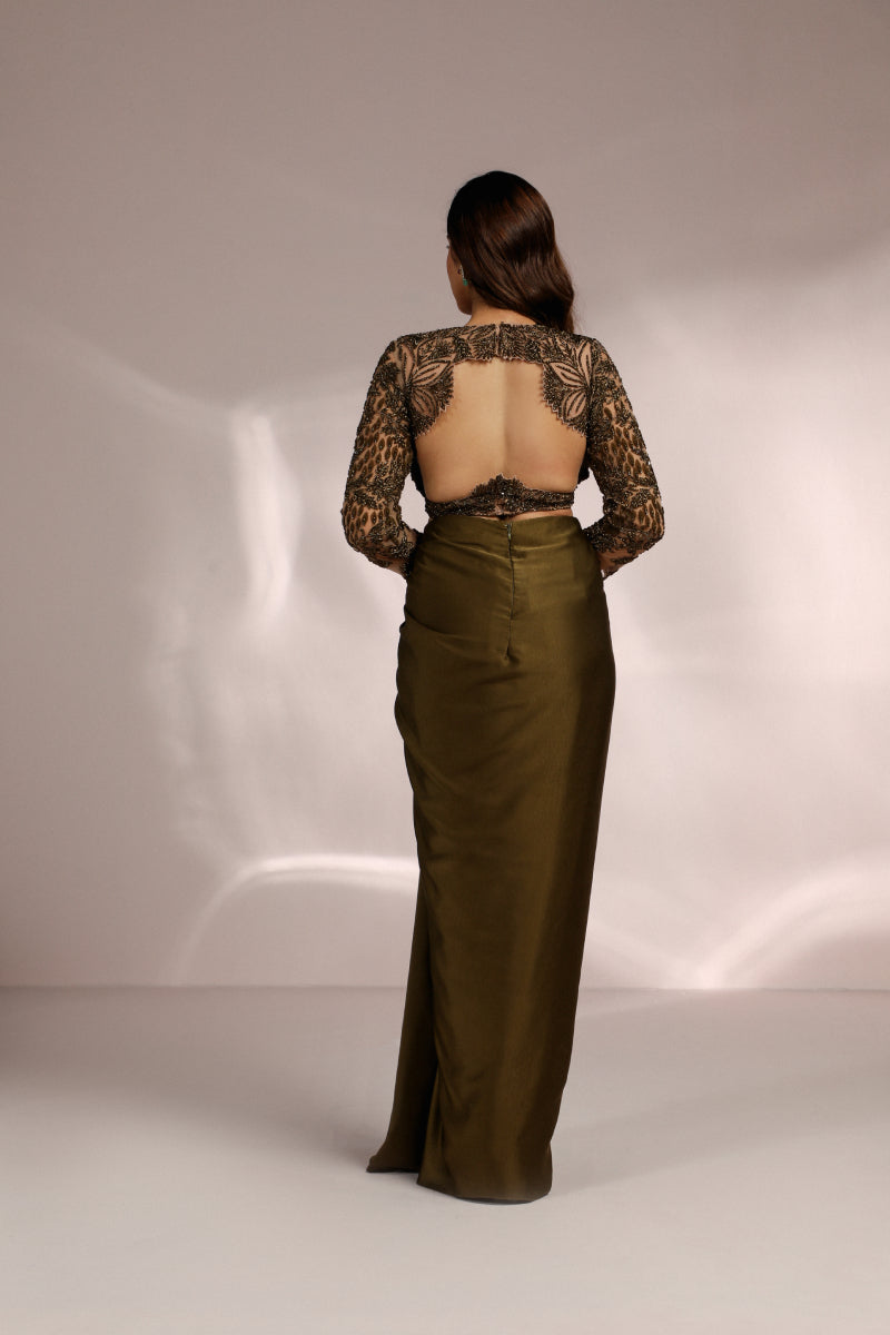 Olive Green Drape Skirt And Full Sleeve Blouse
