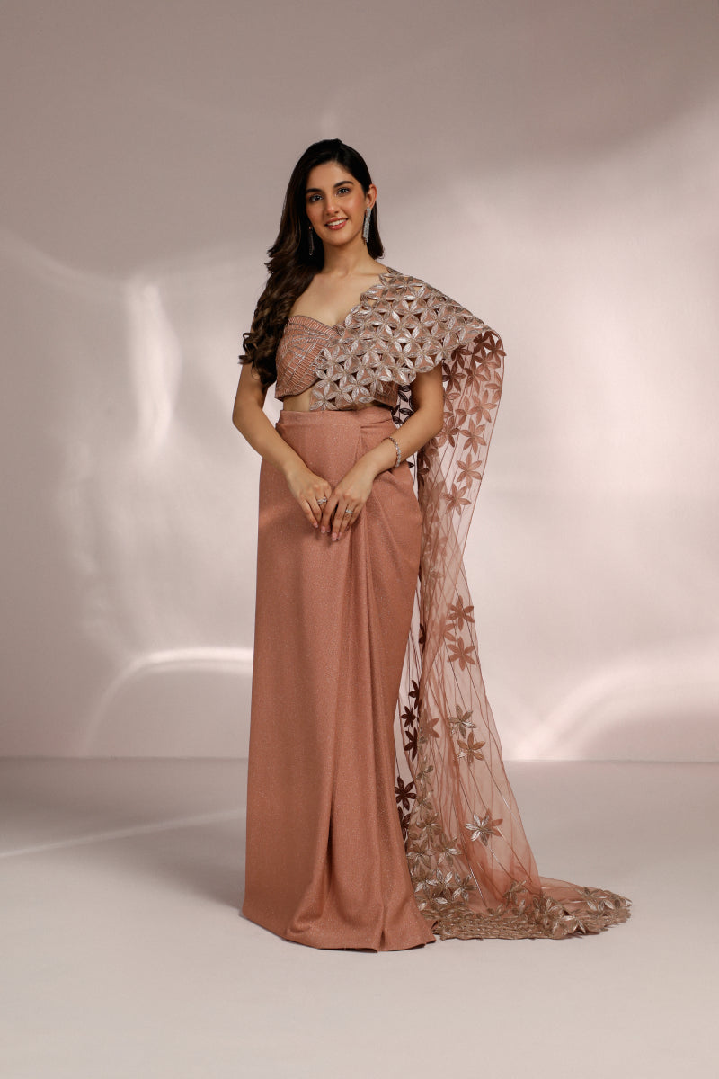LIGHT PEACH DRAPE WITH BLOUSE AND CUTWORK DRAPED DUPATTA