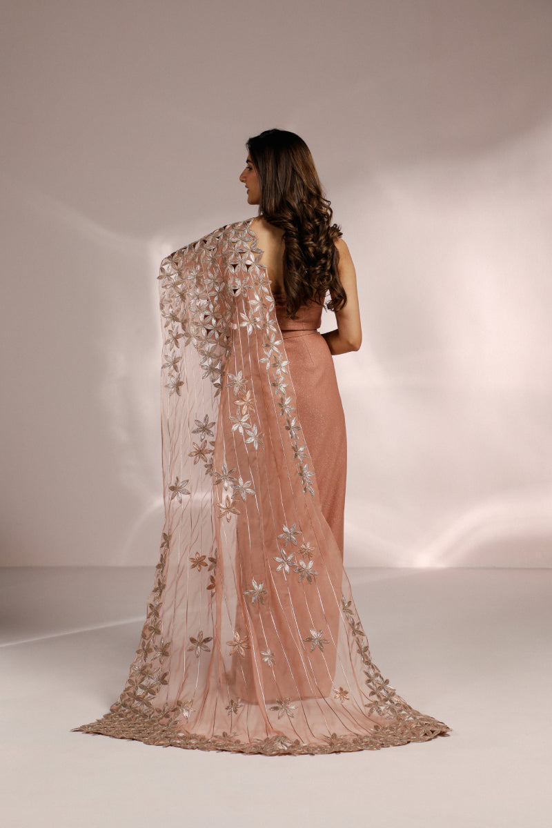 LIGHT PEACH DRAPE WITH BLOUSE AND CUTWORK DRAPED DUPATTA