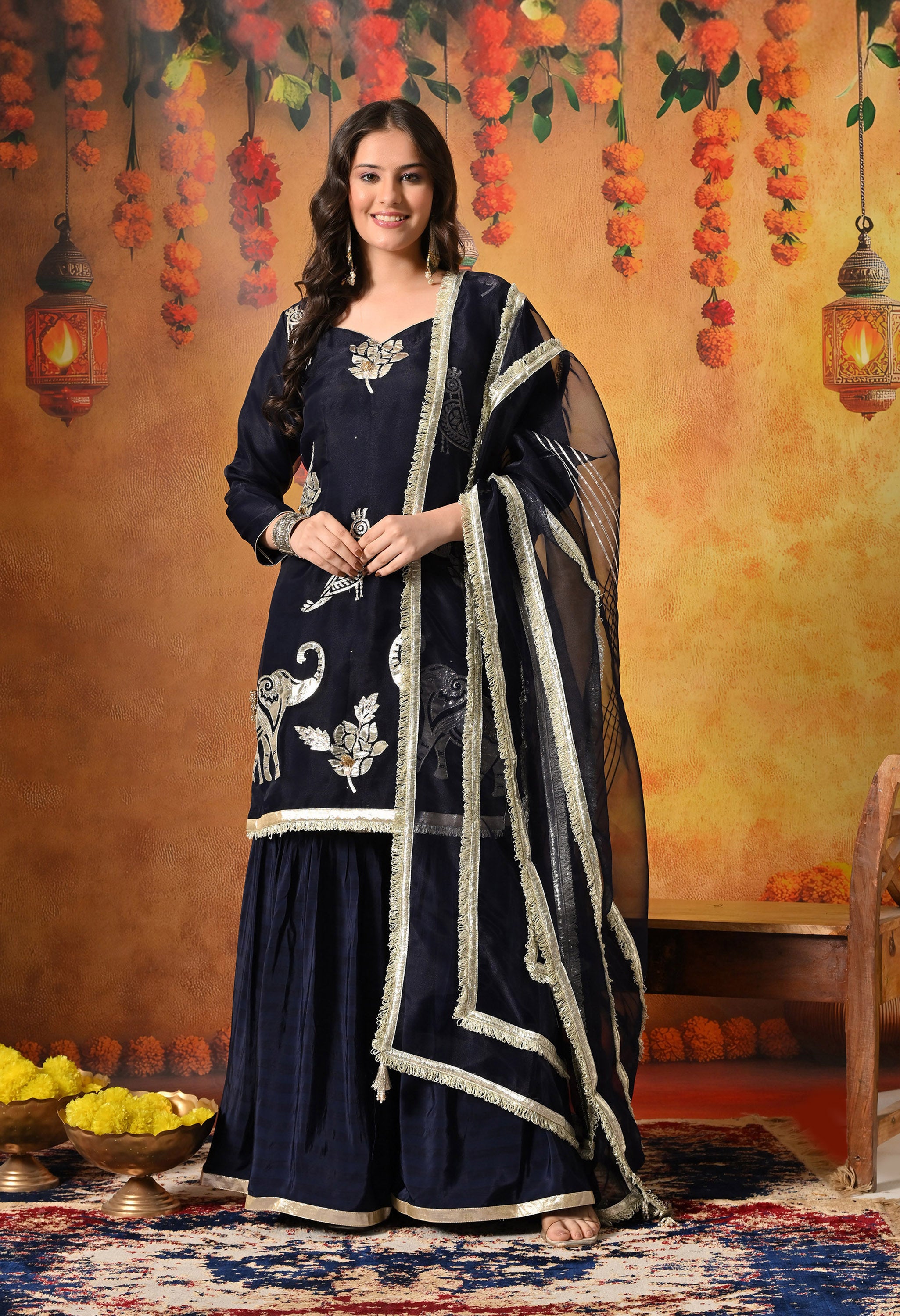 Navy Blue Gharara Set