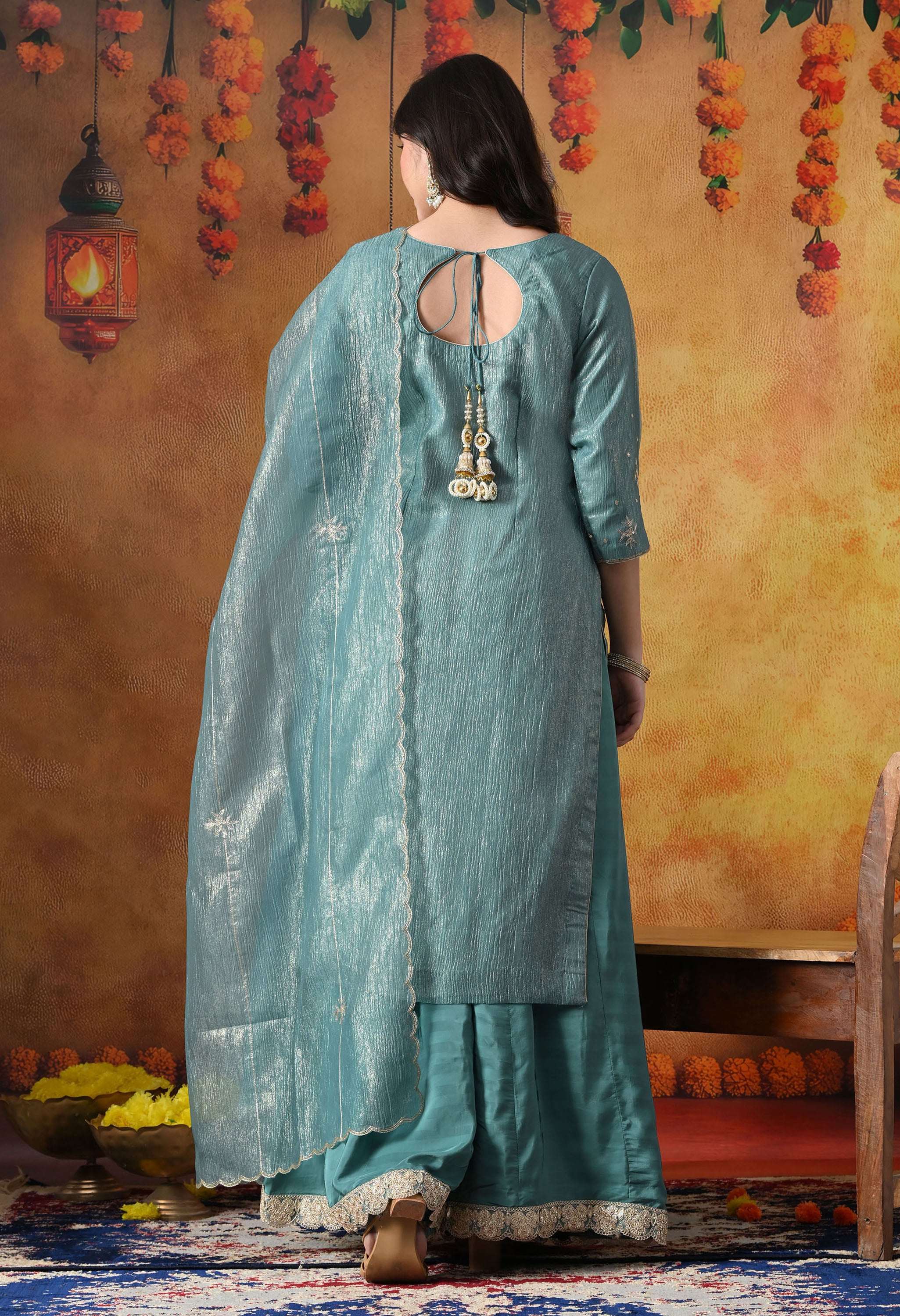 Turquoisesh Blue Sharara Set In Crust Tissue Organza