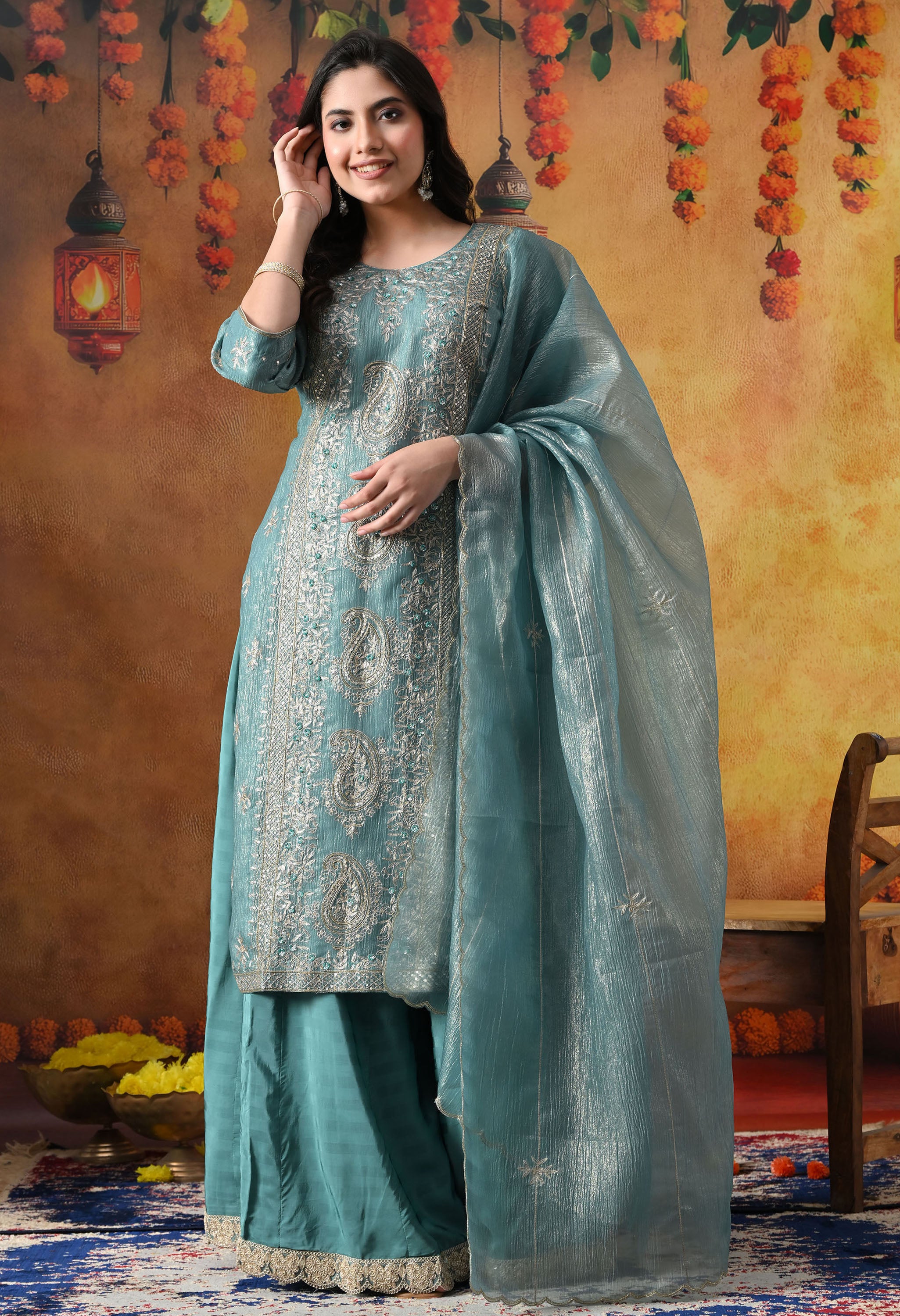 Turquoisesh Blue Sharara Set In Crust Tissue Organza