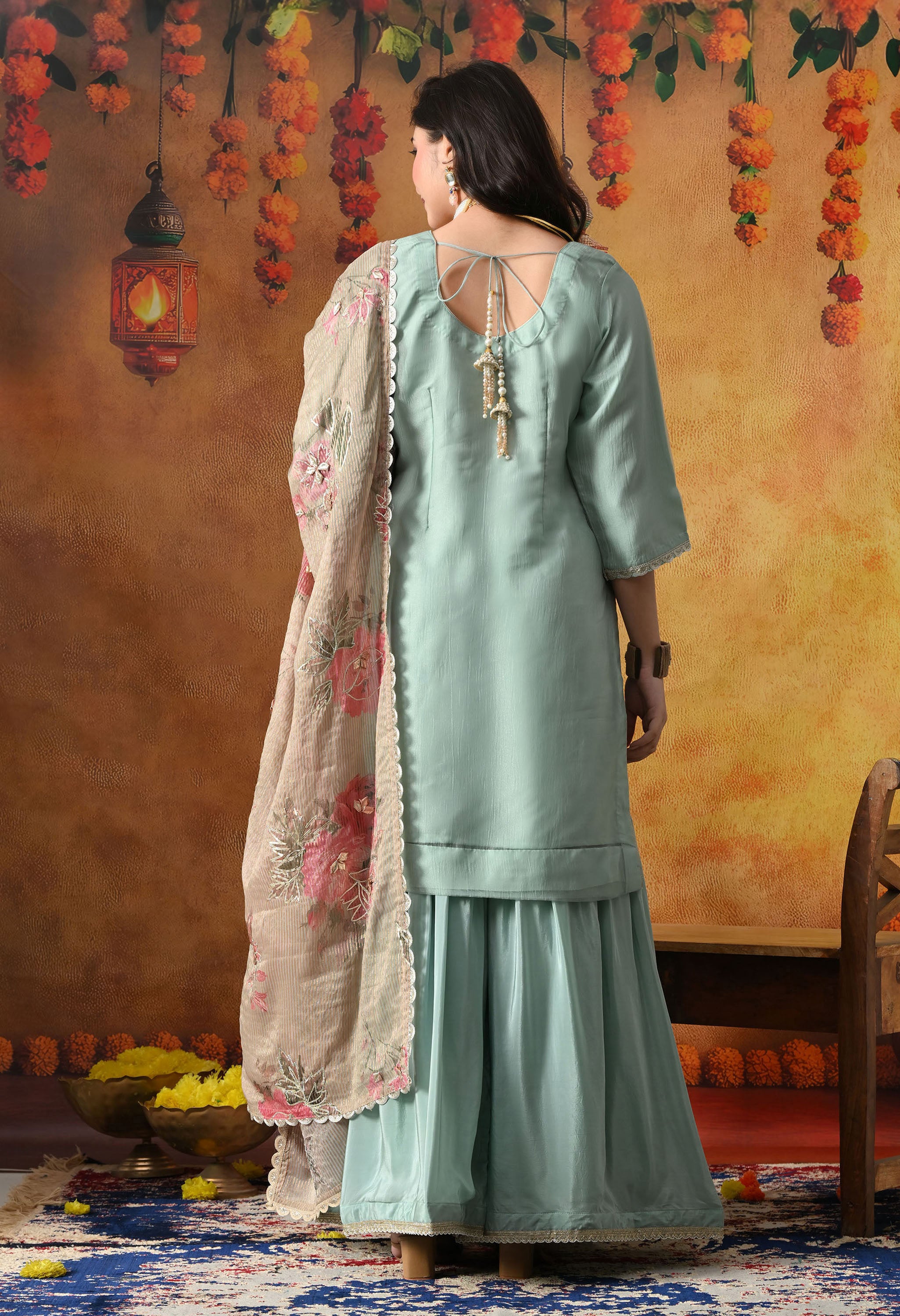 Pistachio Green Gharara Set In Crust Tissue
