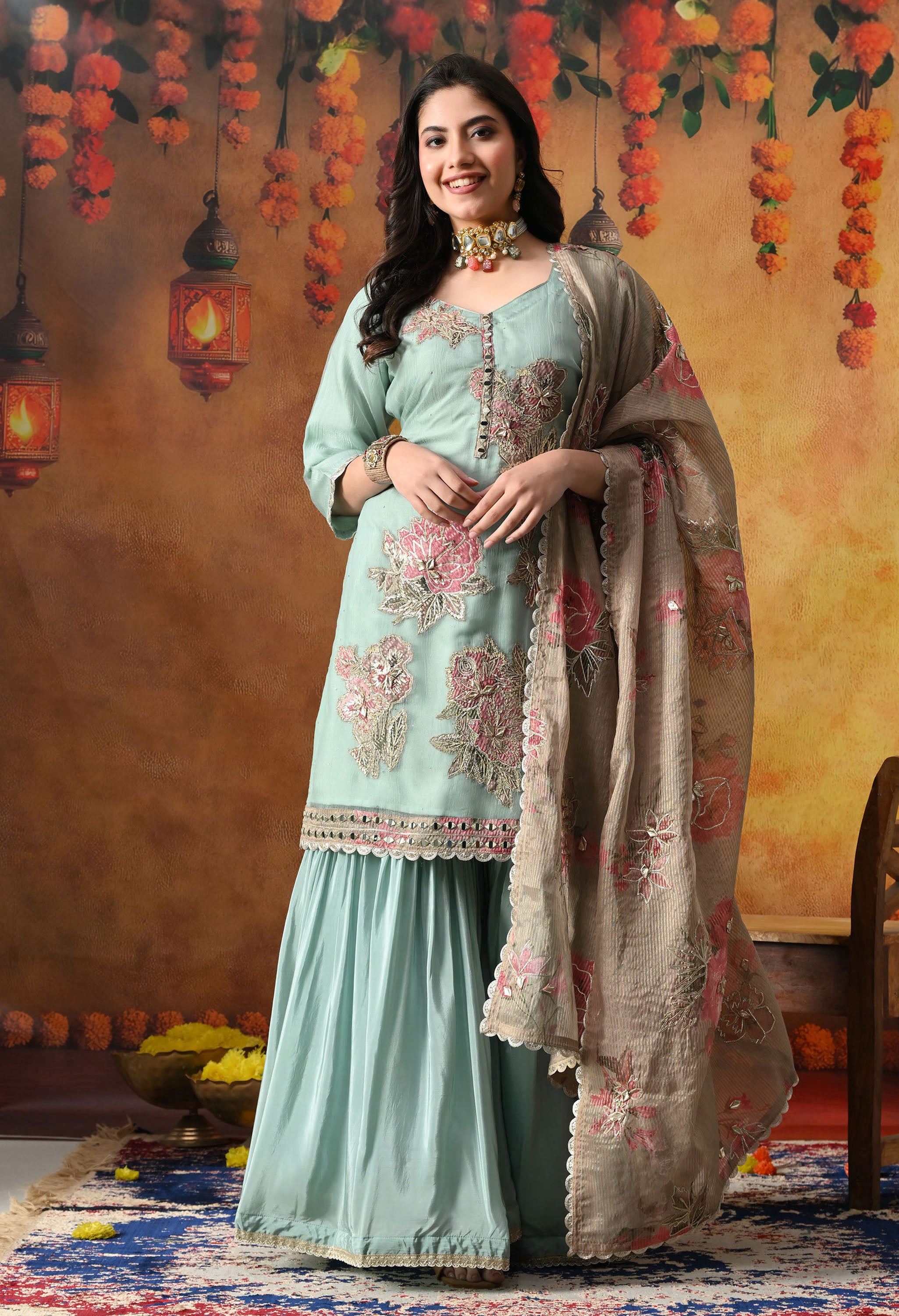 Pistachio Green Gharara Set In Crust Tissue