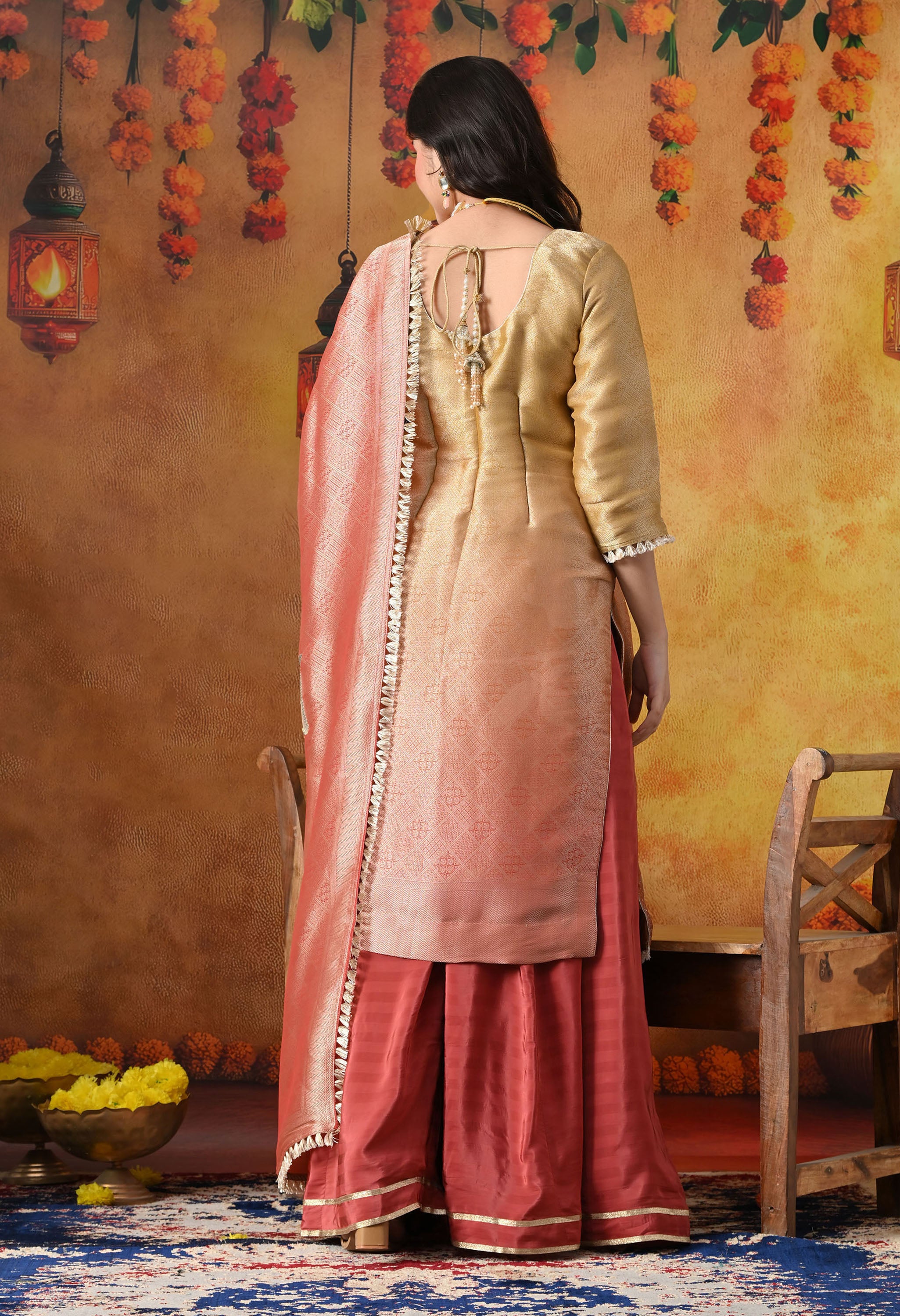 Golden Yellow Brocade Silk Sharara Set