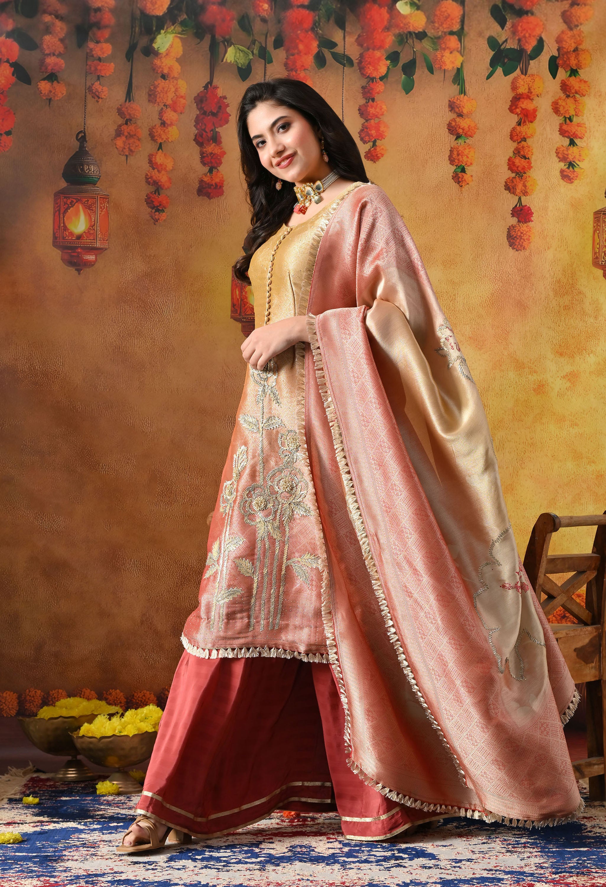 Golden Yellow Brocade Silk Sharara Set