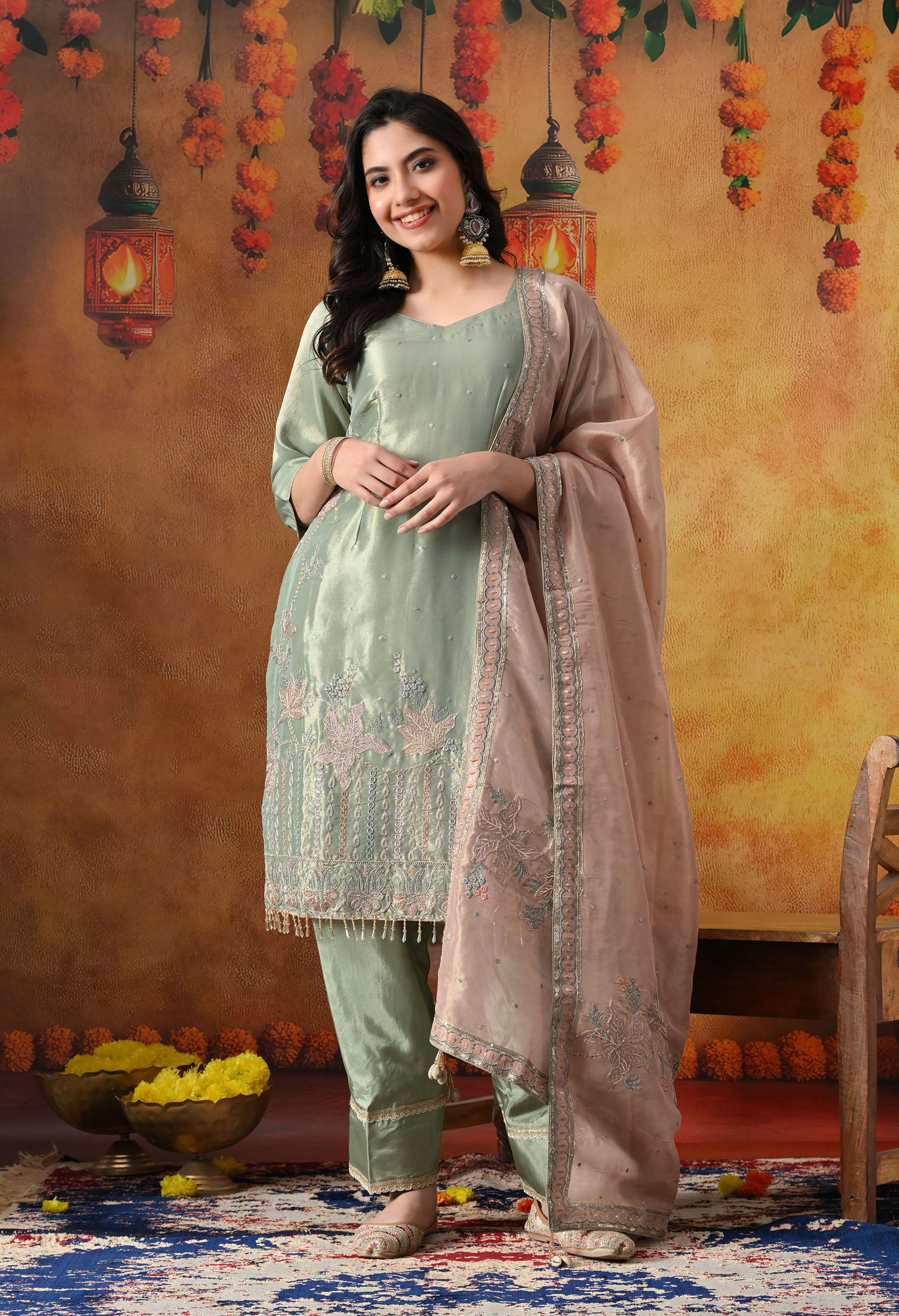 Pistachio Green Tissue Organza Kurta Set