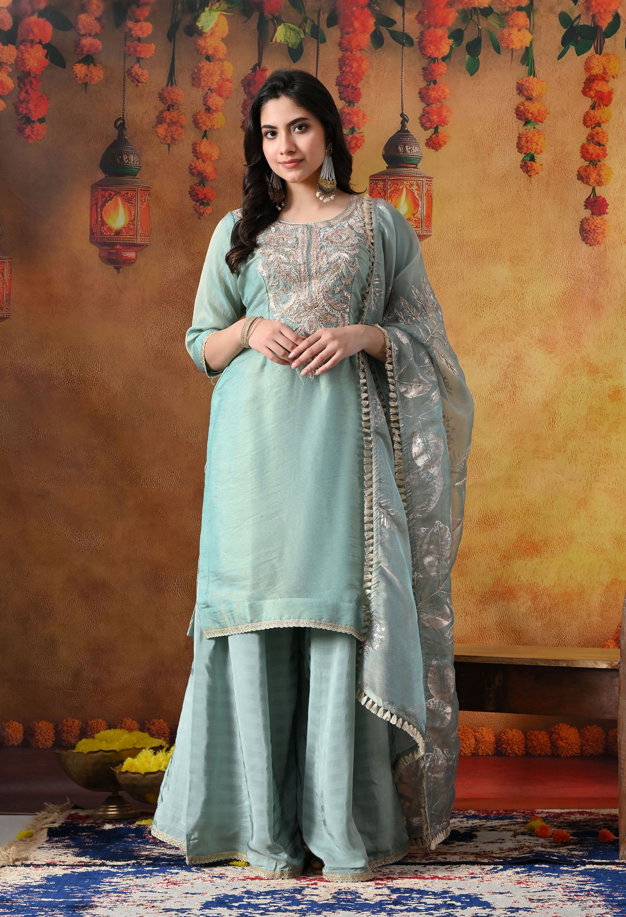 Sapphire Blue Tissue Organza Sharara Set