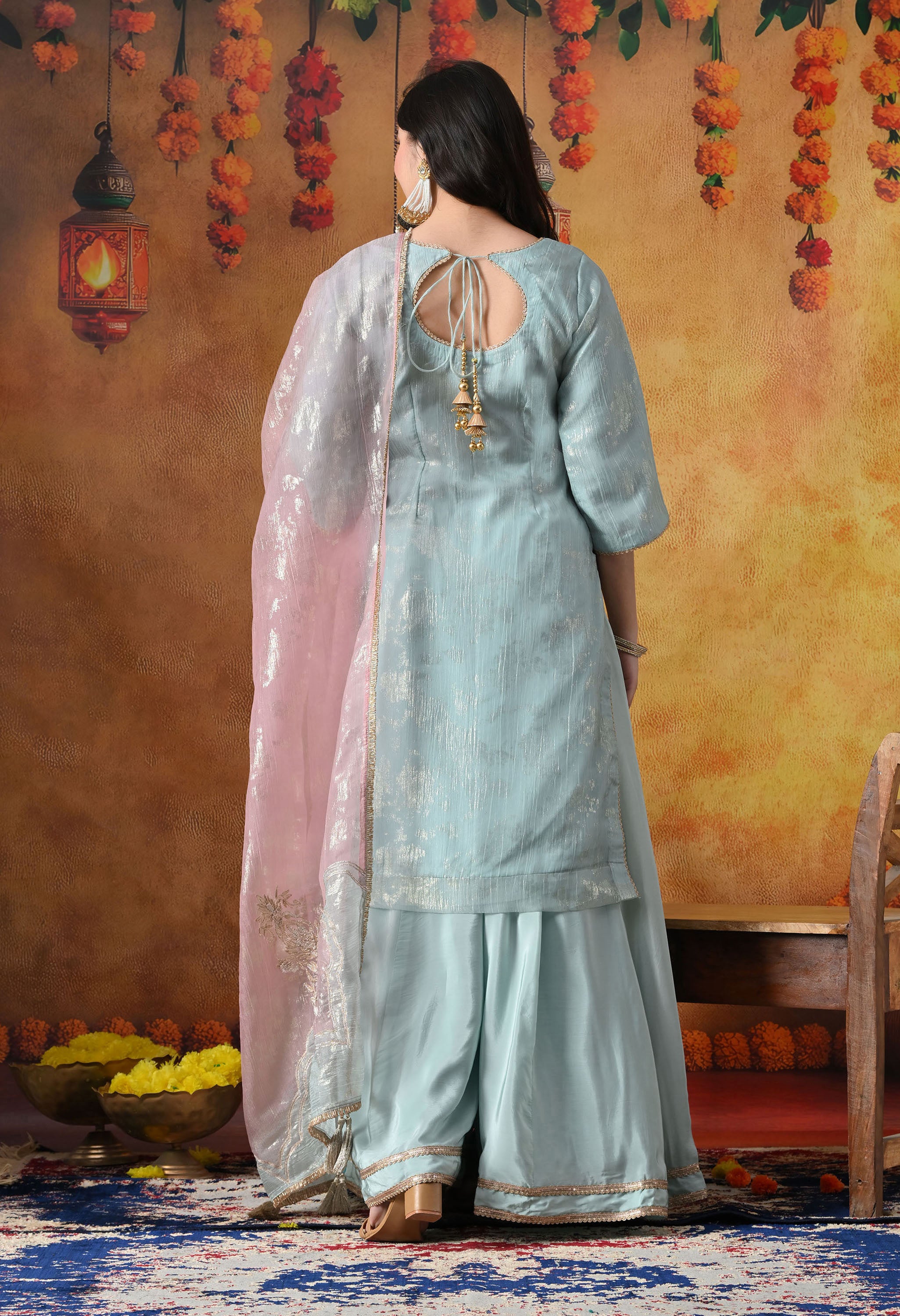 Sky Blue Crust Organza Sharara Set