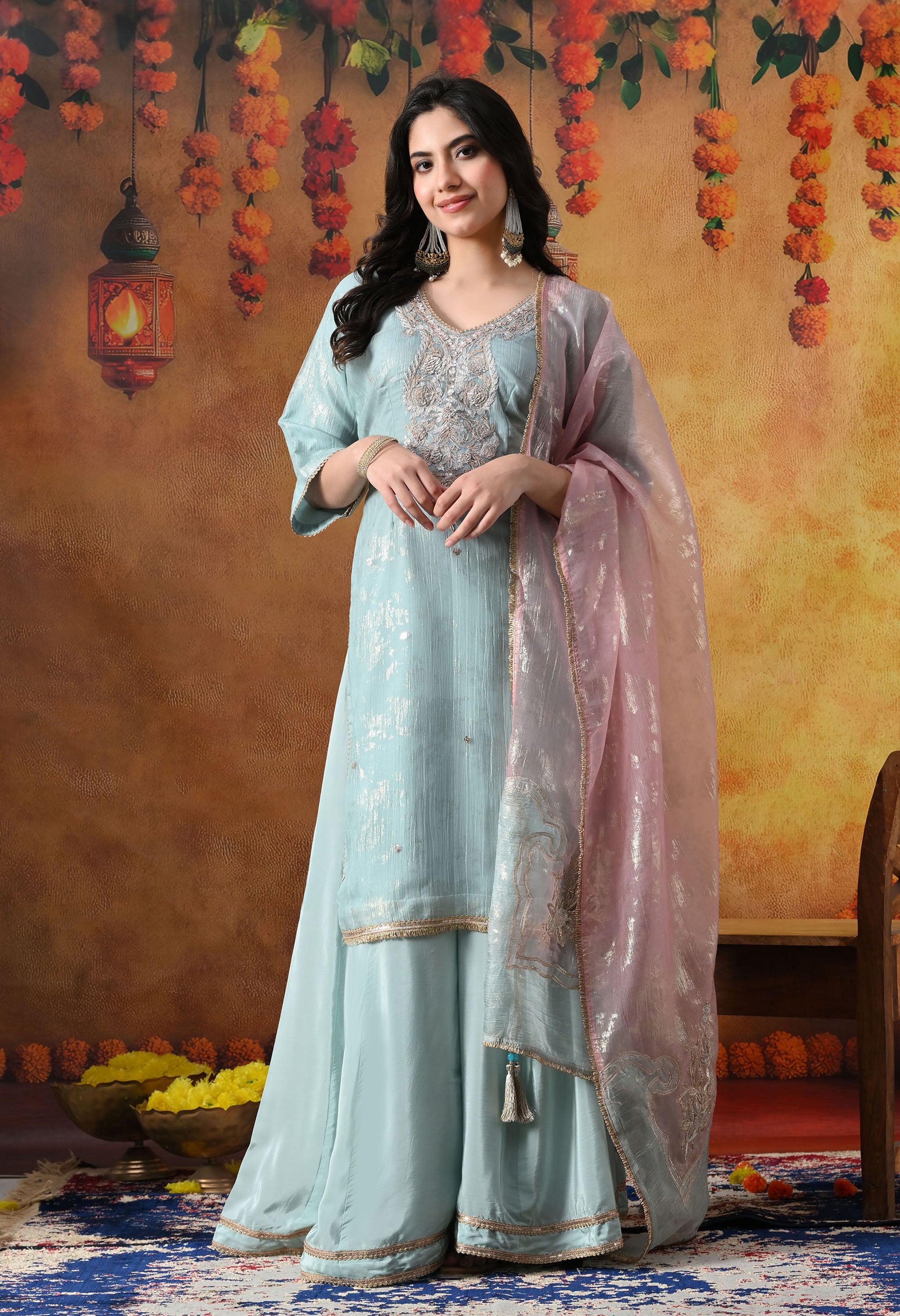 Sky Blue Crust Organza Sharara Set