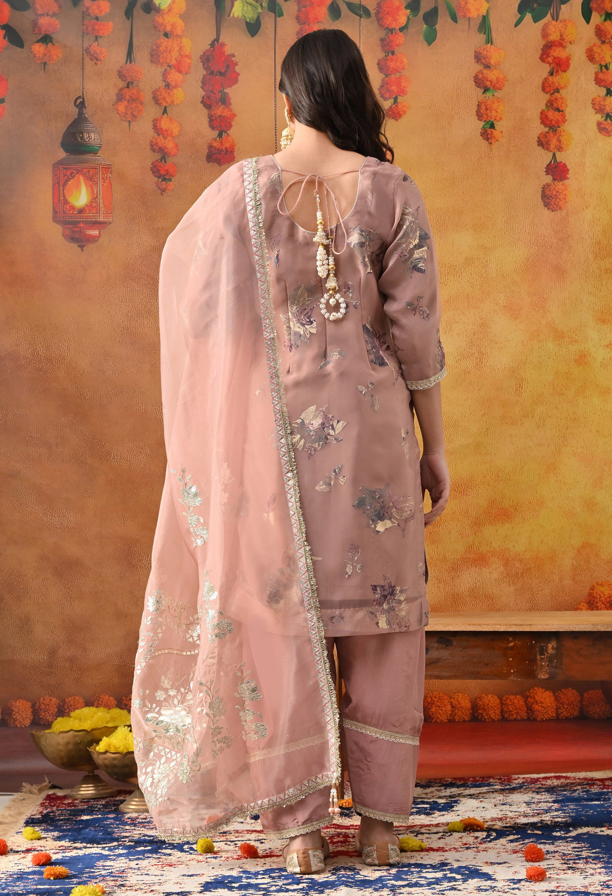 Dark Peach Tissue Organza Kurta Set