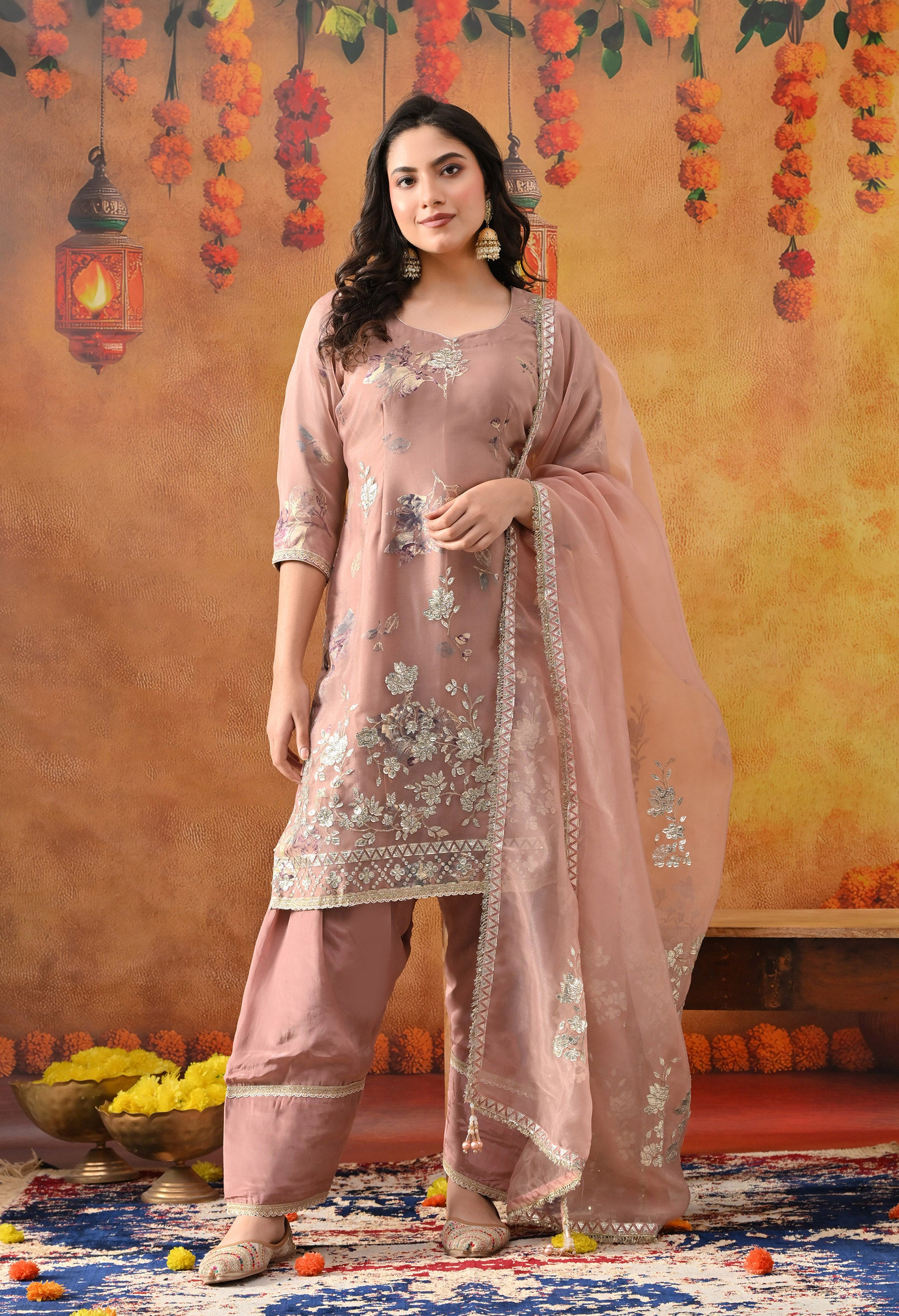 Dark Peach Tissue Organza Kurta Set