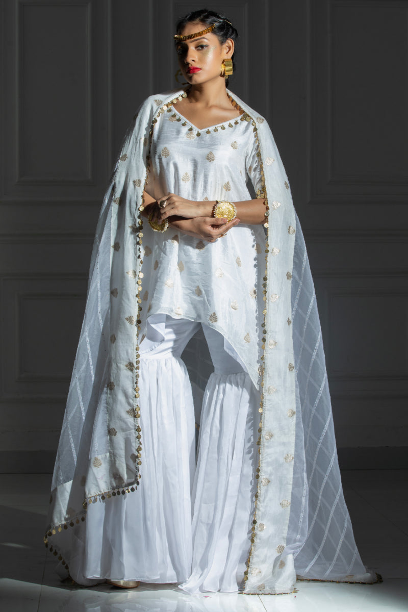 White suit set with sharara and organza dupatta