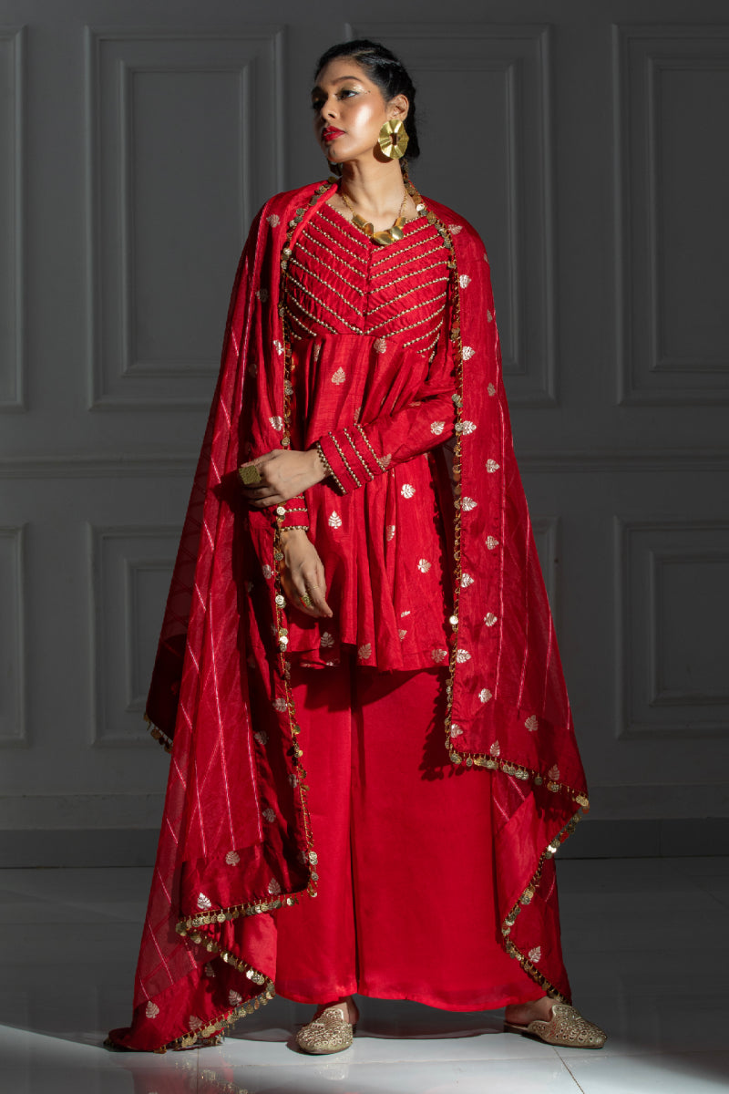Red Suit set with peplum top, slit pant and dupatta