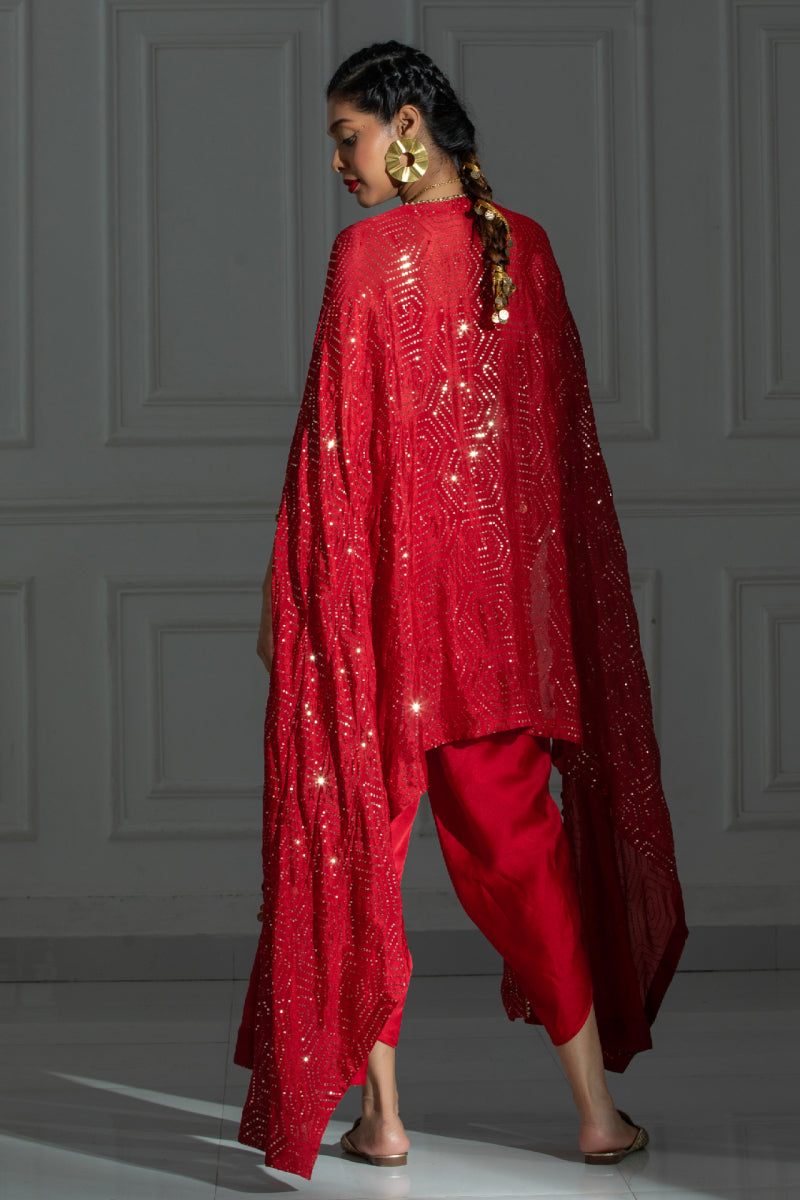 Red dhoti set with organza cape