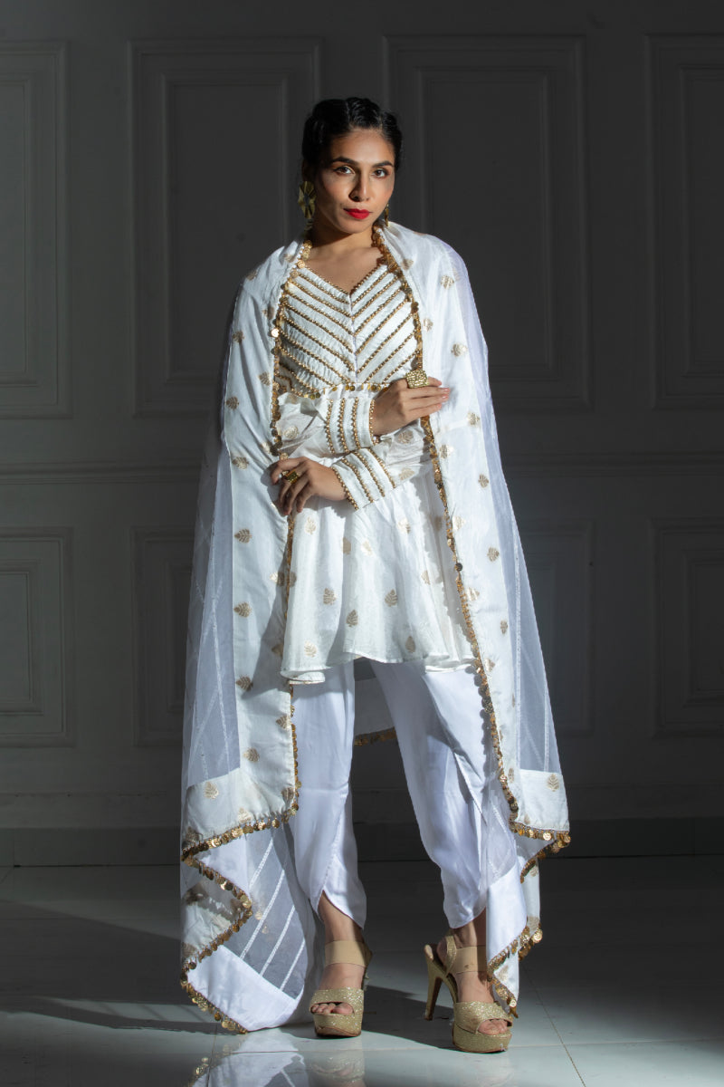 White peplum Top and Dhoti with organza dupatta