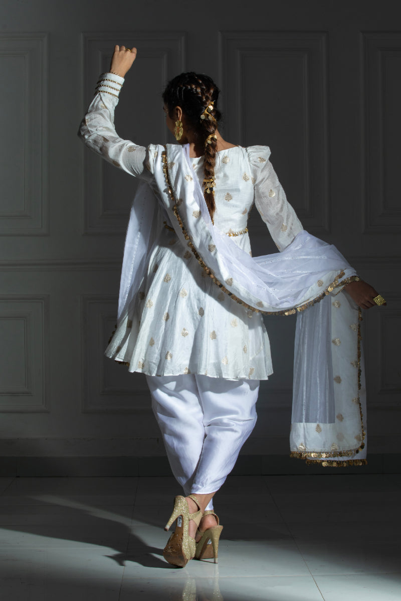 White peplum Top and Dhoti with organza dupatta