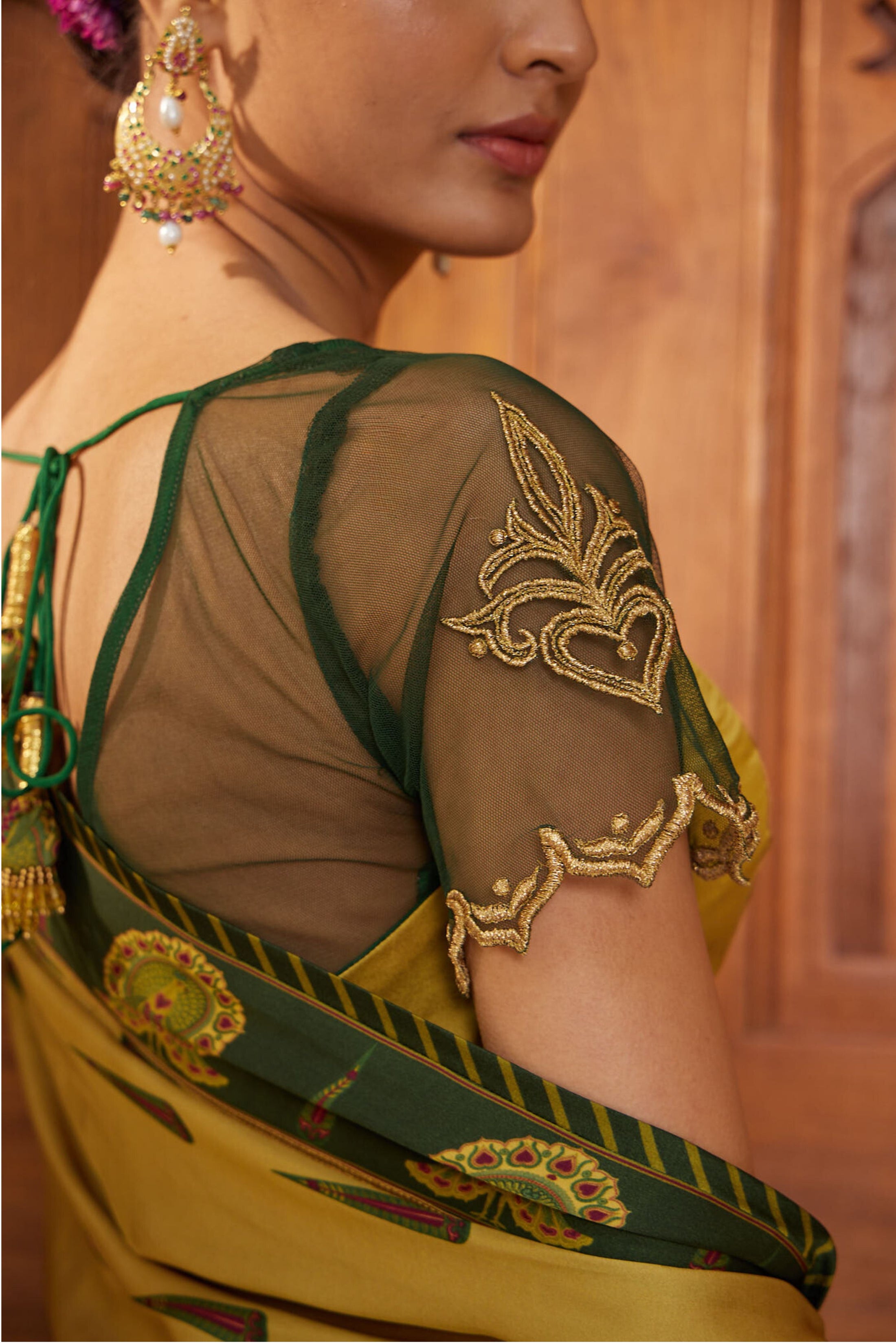 Amber Gold & Green Boota Saree with Embroidered Cutwork Choli - Set of 2