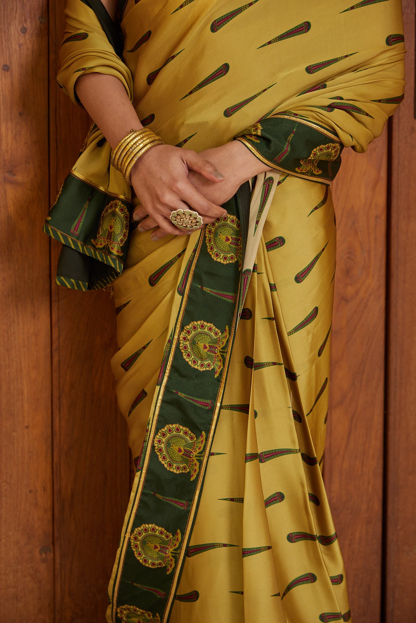 Amber Gold & Green Boota Saree with Embroidered Cutwork Choli - Set of 2