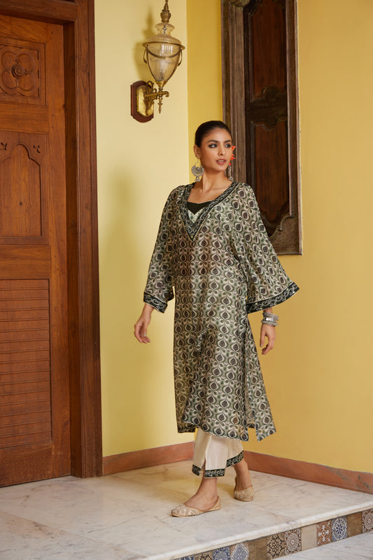 Green Mayur Pankh Mirror embroidered Kaftaan with Palazzo & Bustier