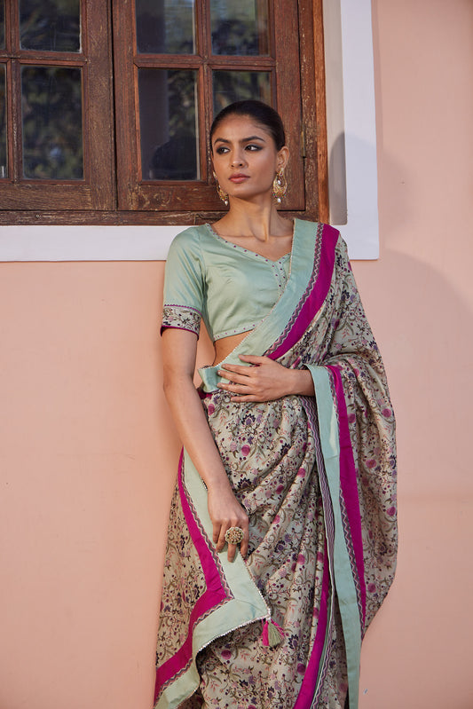 Mint Green Anar Jaal Tri Border Saree with Embroidered Choli - Set of 2