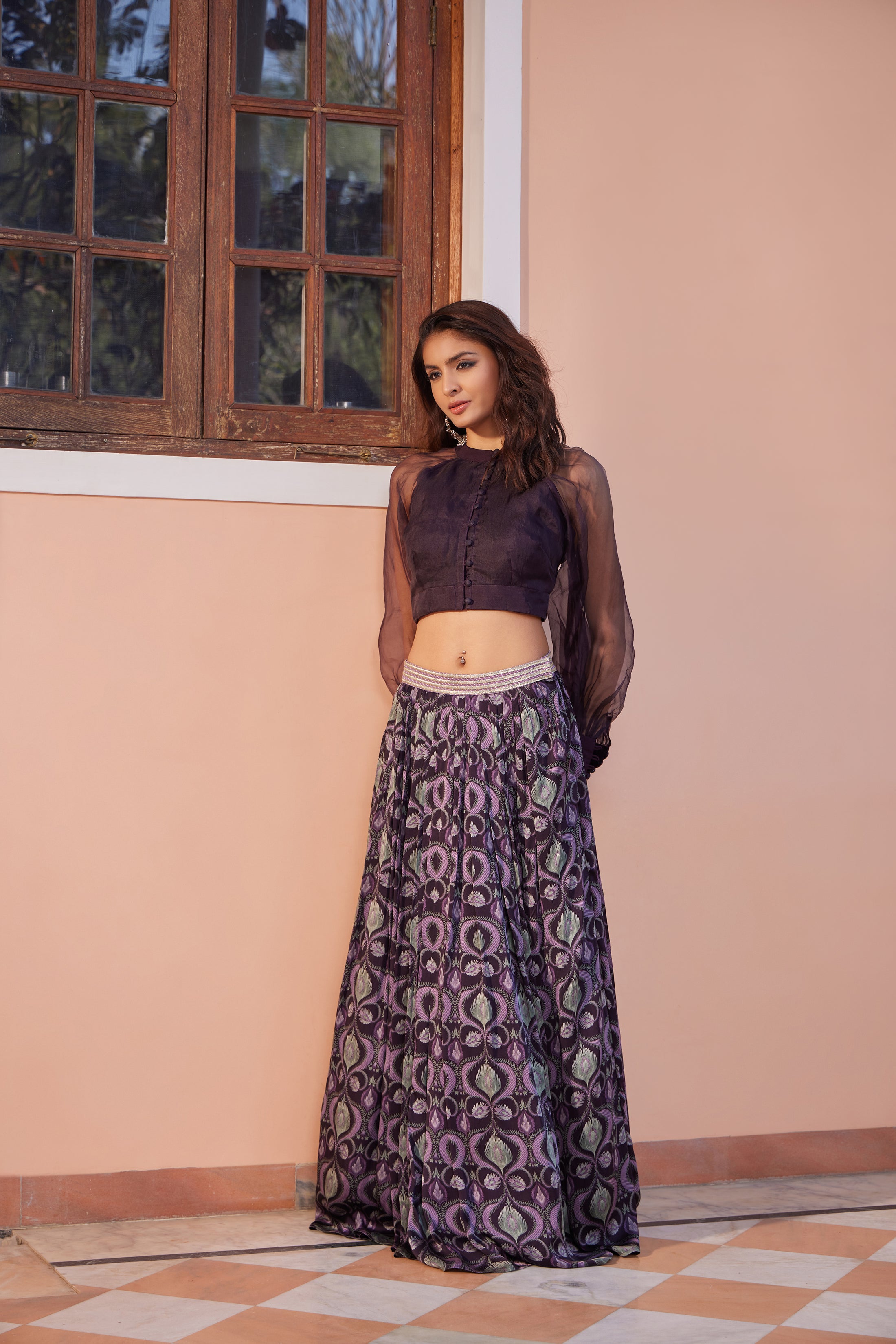 Mayur Pankh Pleated Skirt with Organza Top - Set of 2