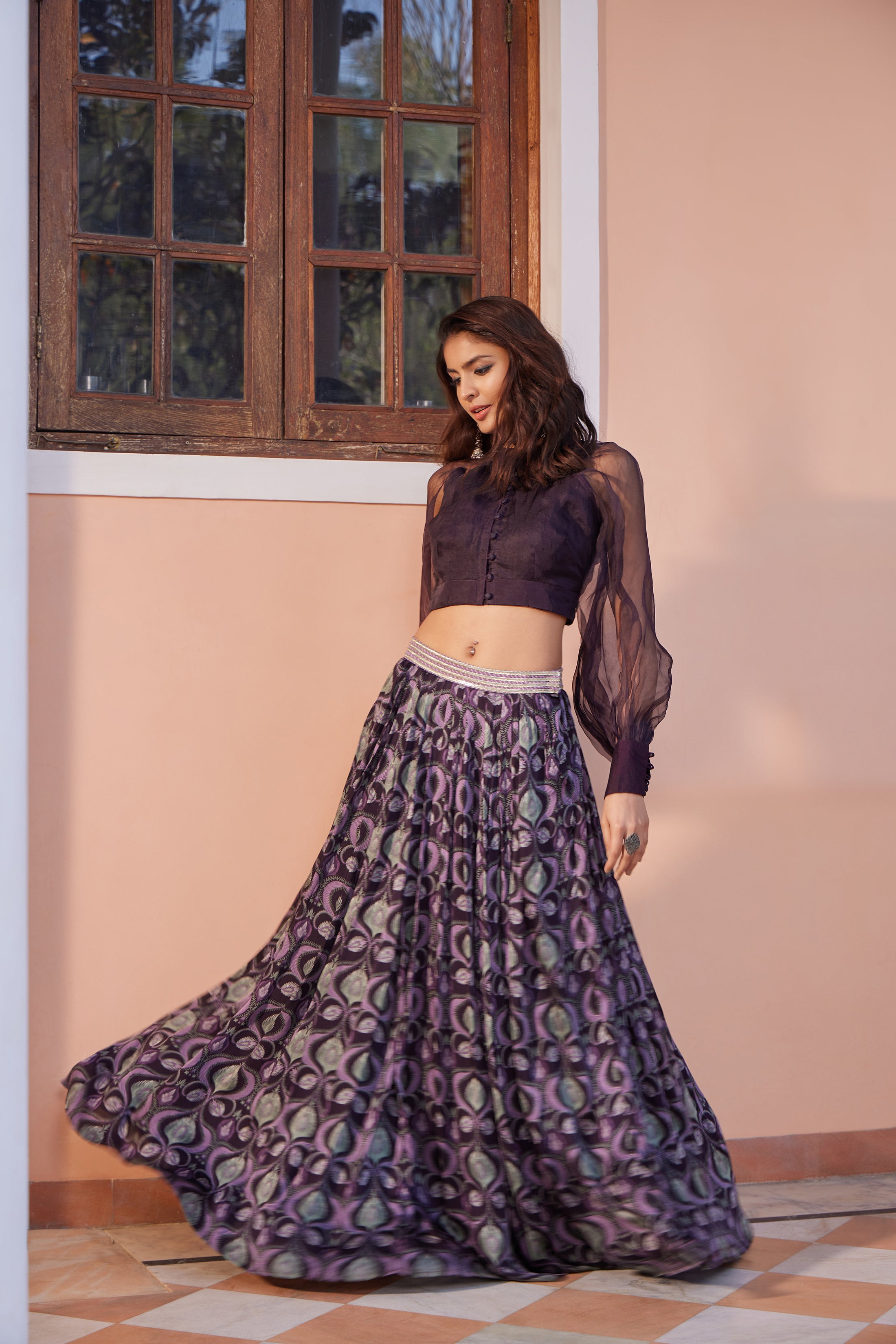 Mayur Pankh Pleated Skirt with Organza Top - Set of 2